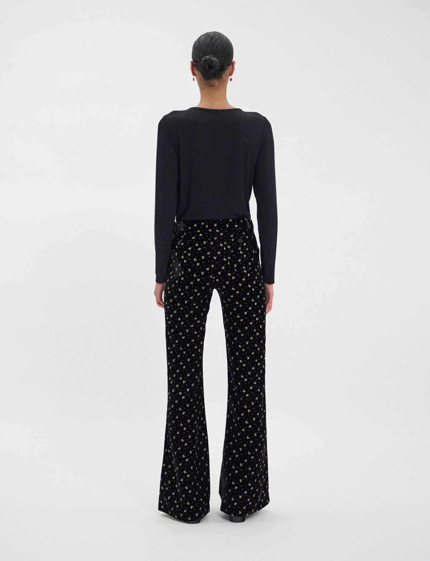 Charlotte trousers in smooth black velvet with gold print