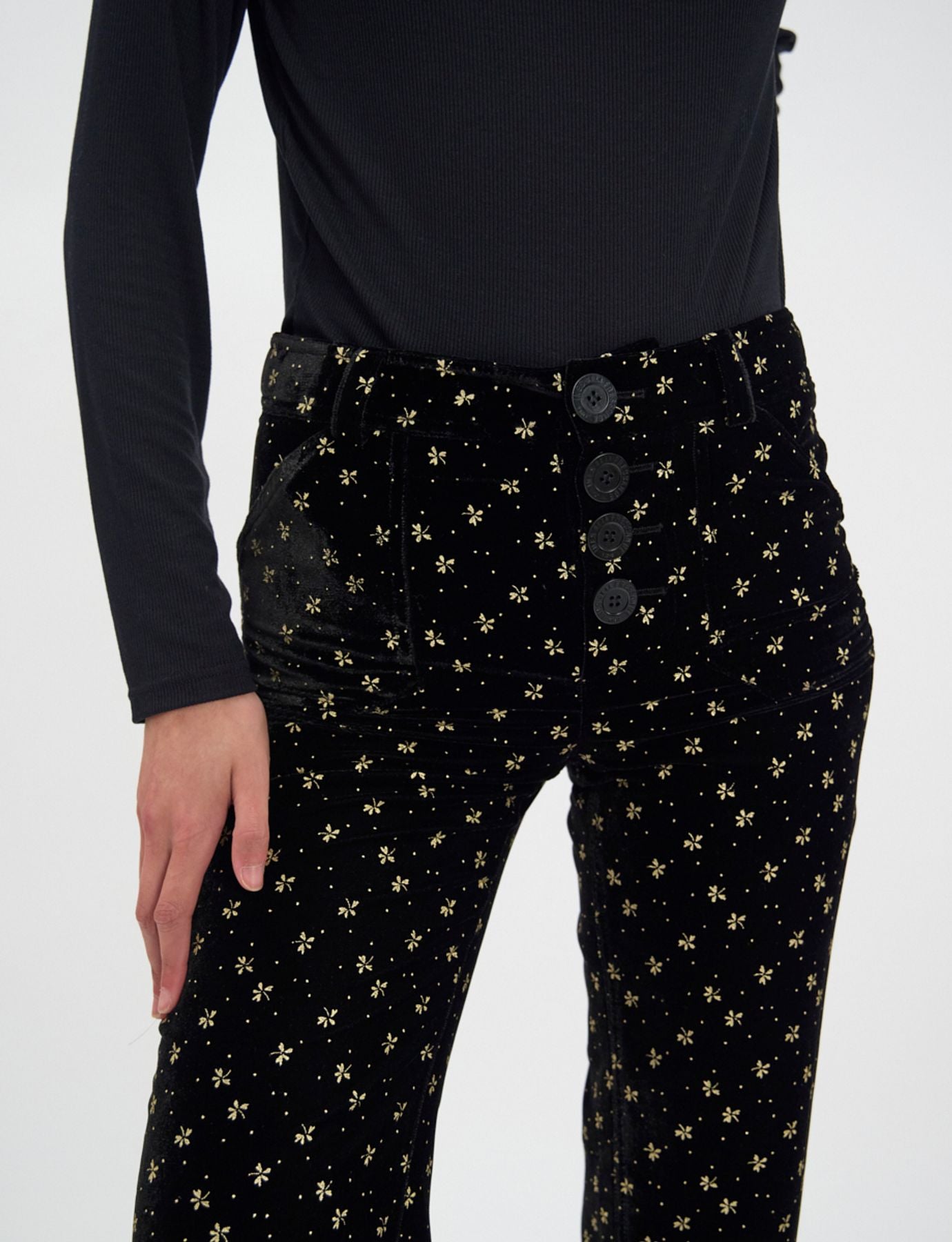Charlotte trousers in smooth black velvet with gold print