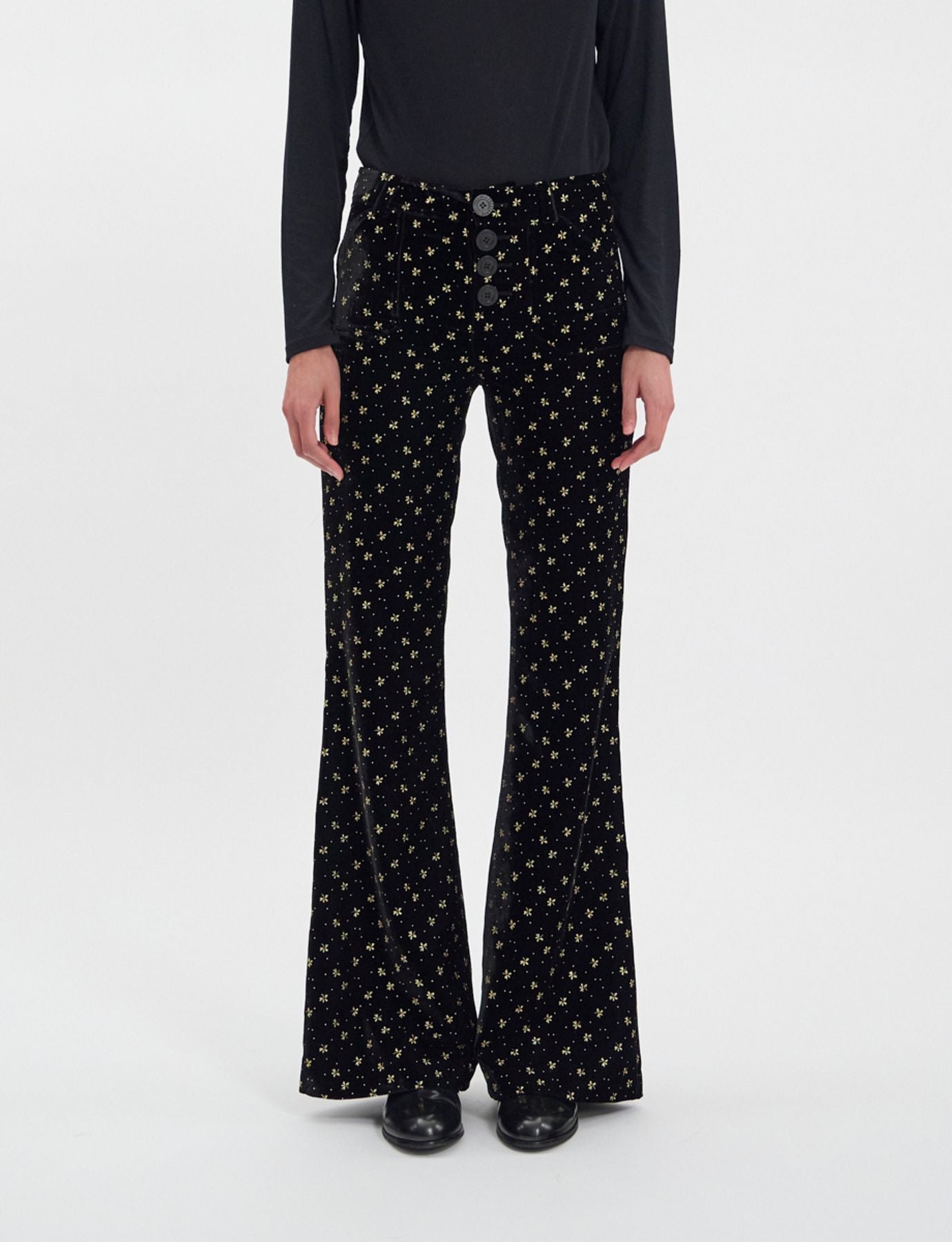 Charlotte trousers in smooth black velvet with gold print