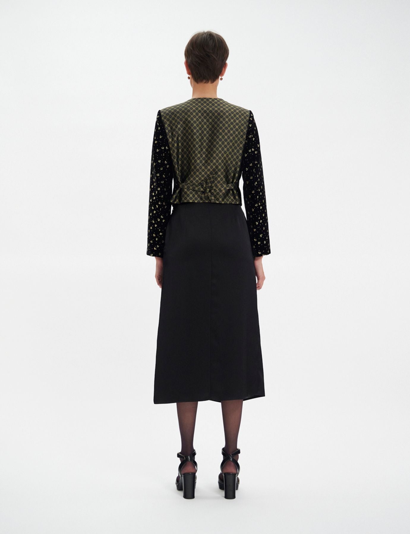 Ole bolero jacket in smooth black velvet with gold print