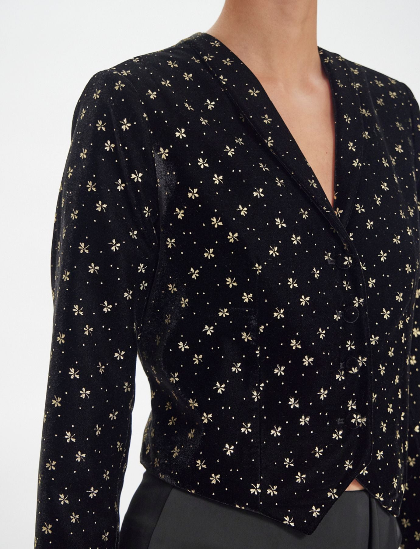 Ole bolero jacket in smooth black velvet with gold print