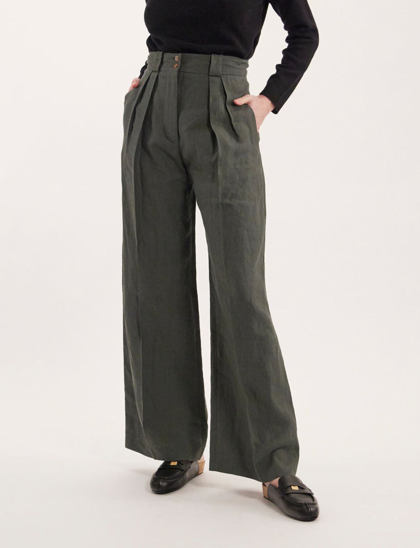 Pantalón Marlène de lino verde oscuro