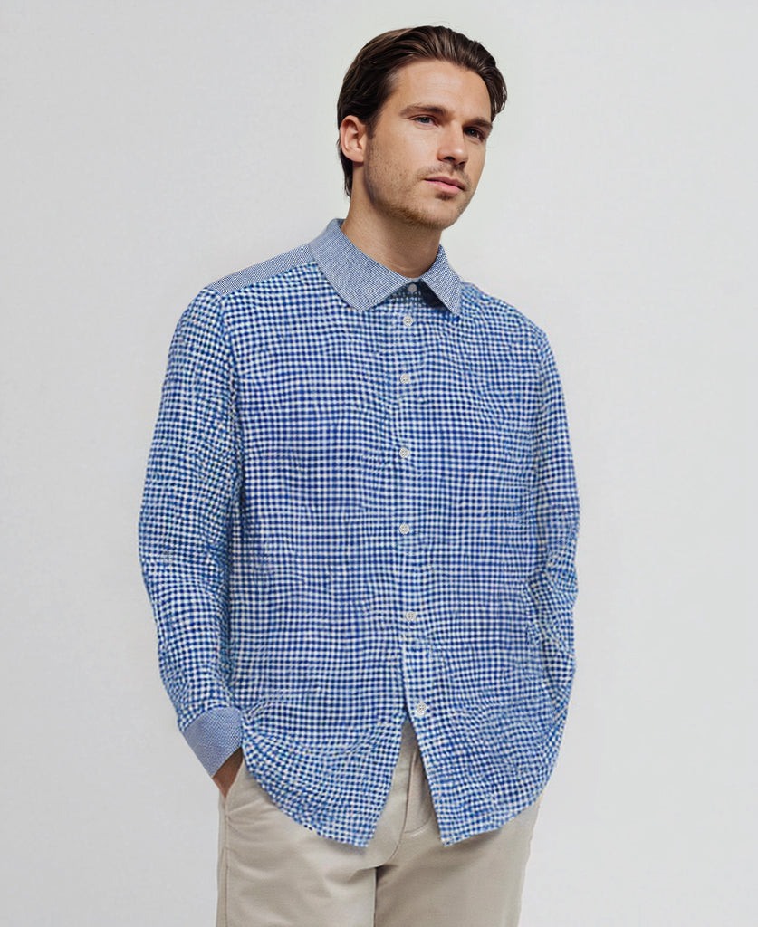 Olivier men's shirt in linen, blue gingham pattern and yokes