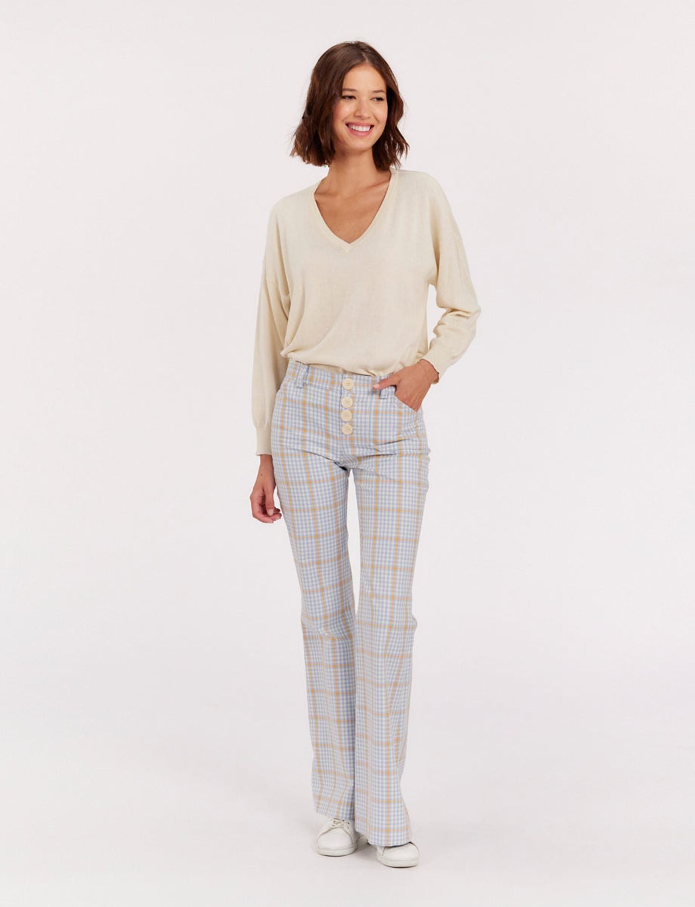 Charlotte blue and orange checked trousers