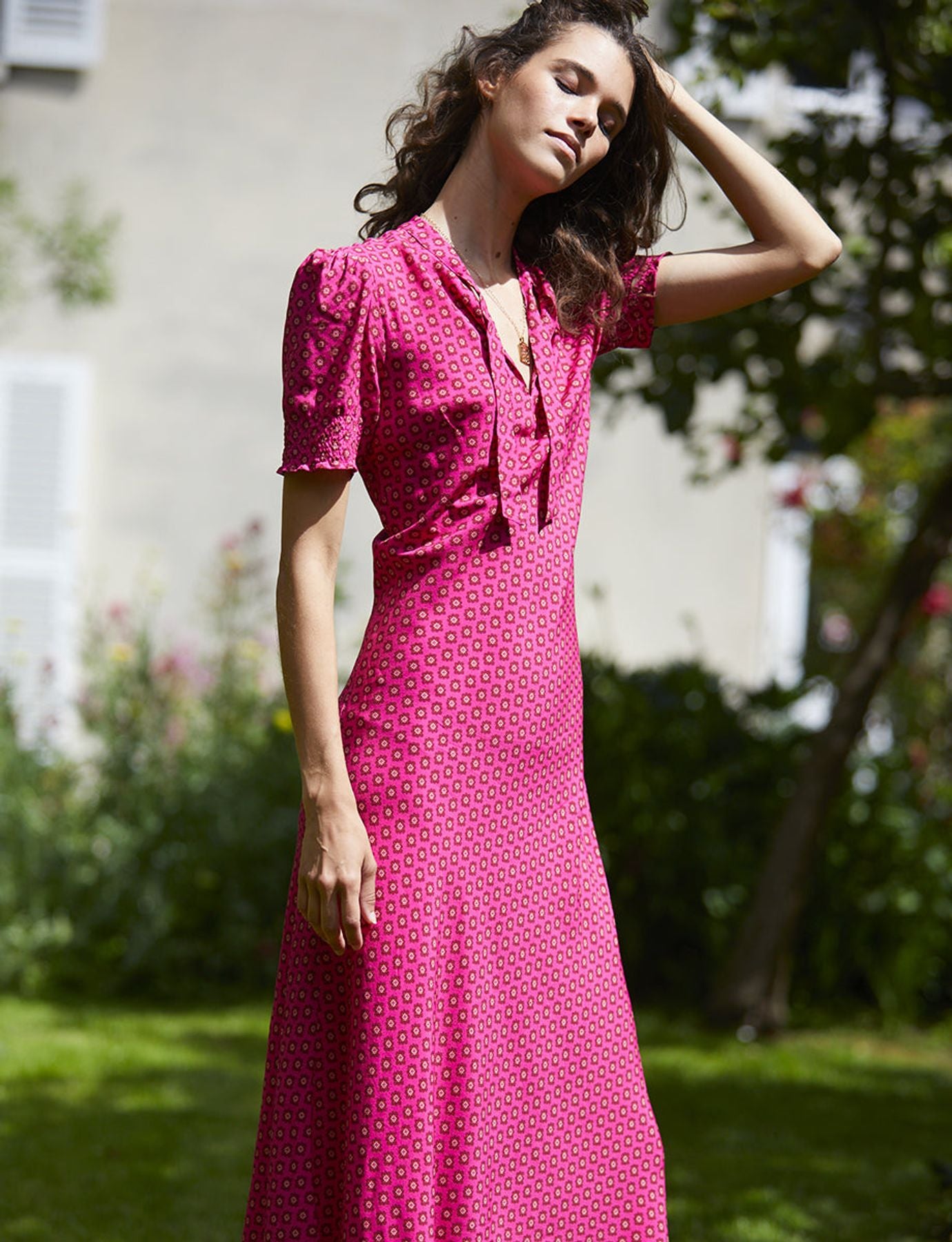 Cerise long pink print dress