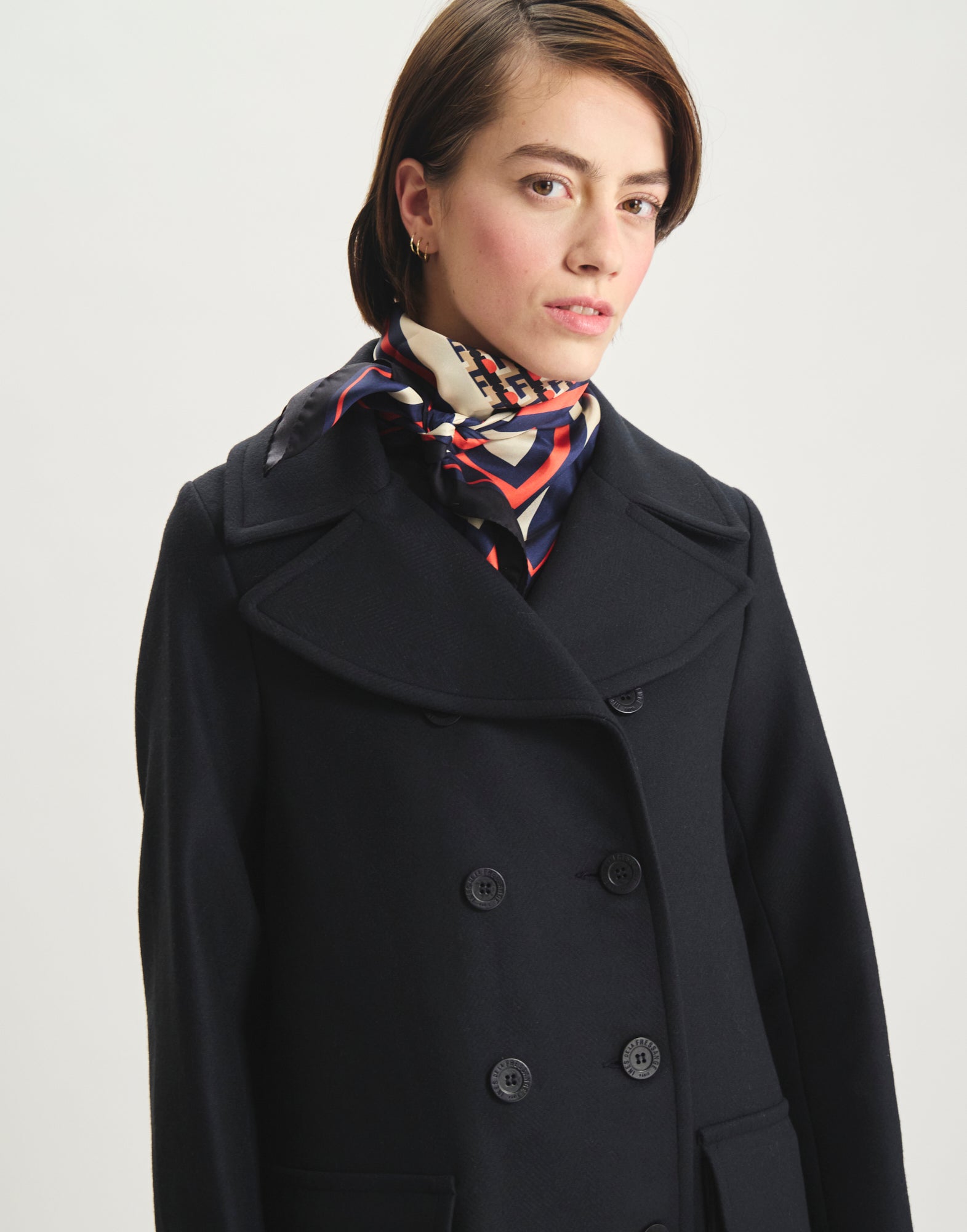 Séraphine, cappotto di lana a spina di pesce blu scuro