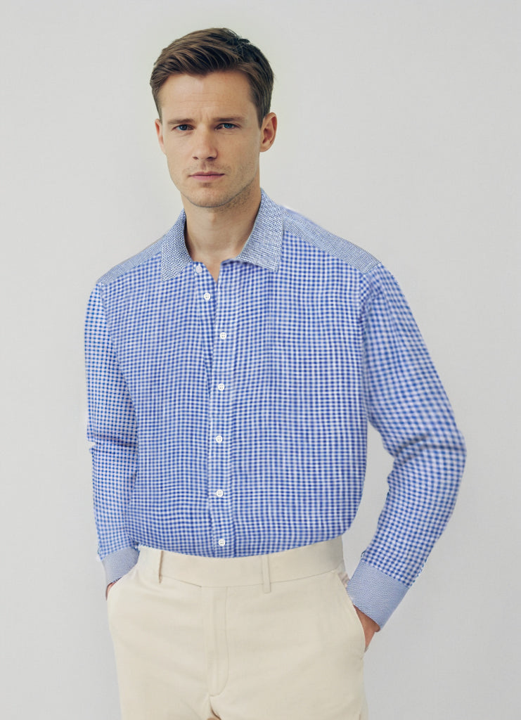 Olivier men's shirt in linen, blue gingham pattern and yokes