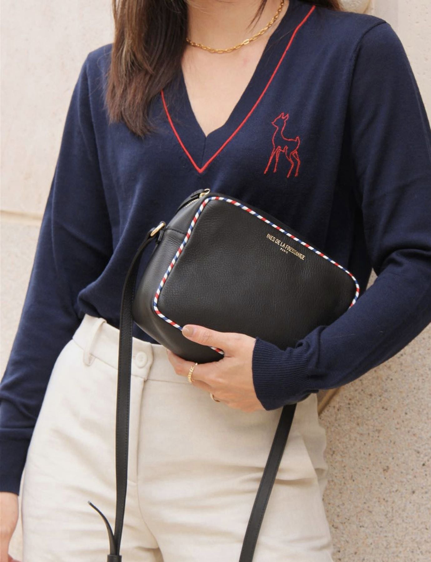 Marcia bag in black leather with tricolour trim