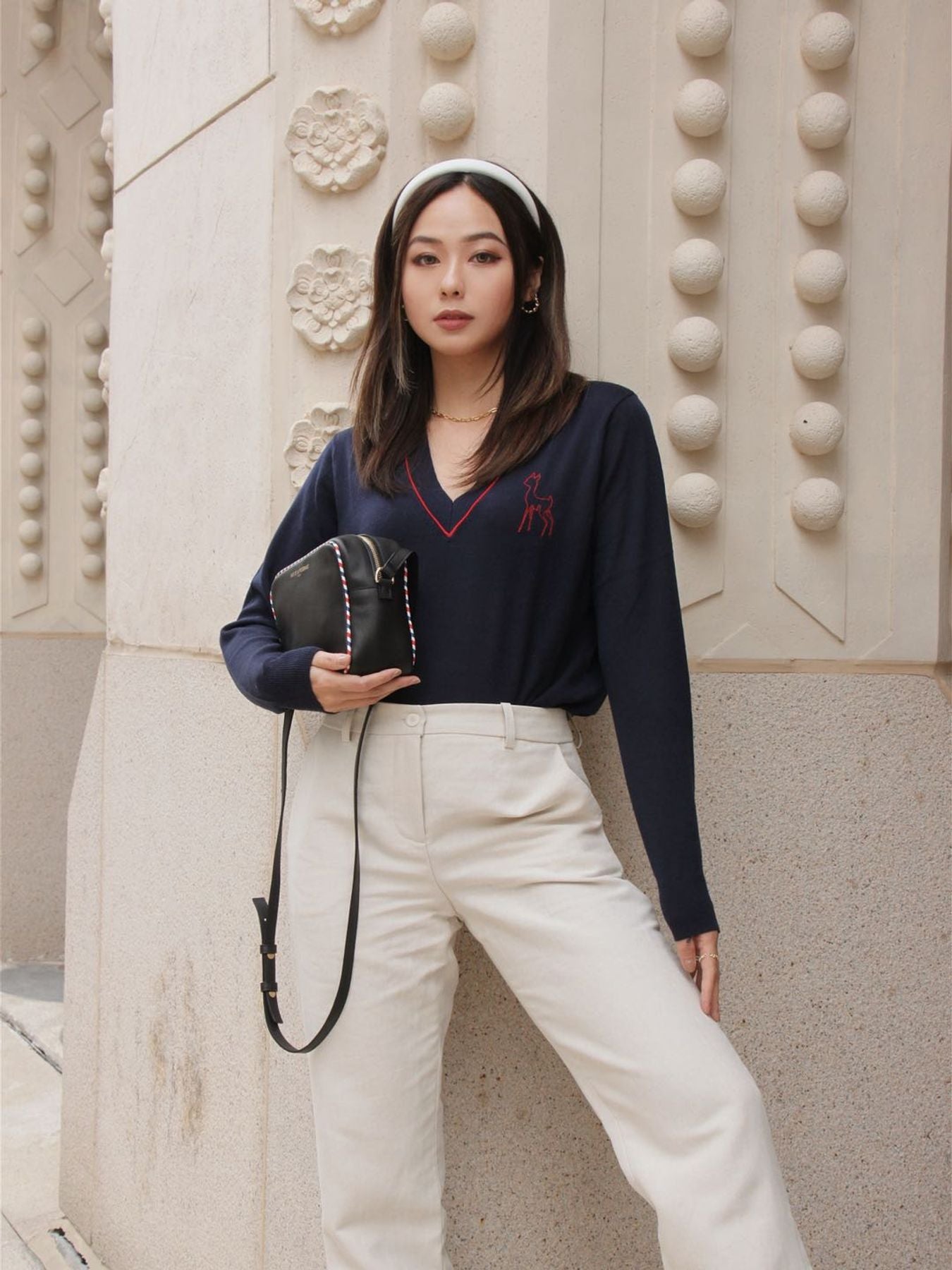 Marcia bag in black leather with tricolour trim