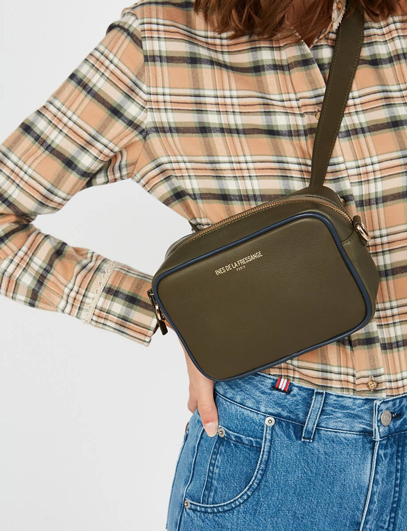 Marcia khaki leather wallet with navy trim