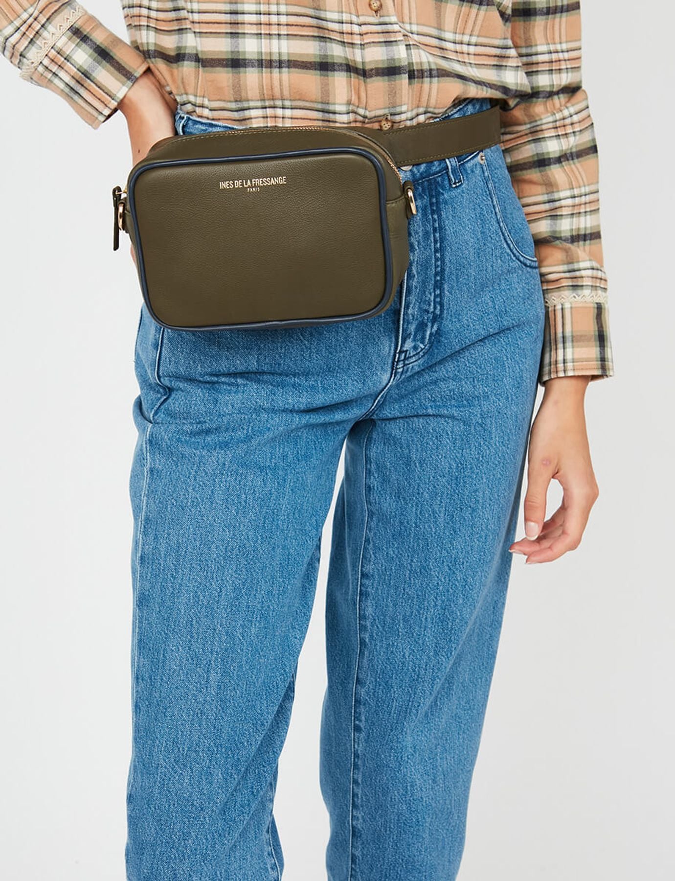 Marcia khaki leather wallet with navy trim