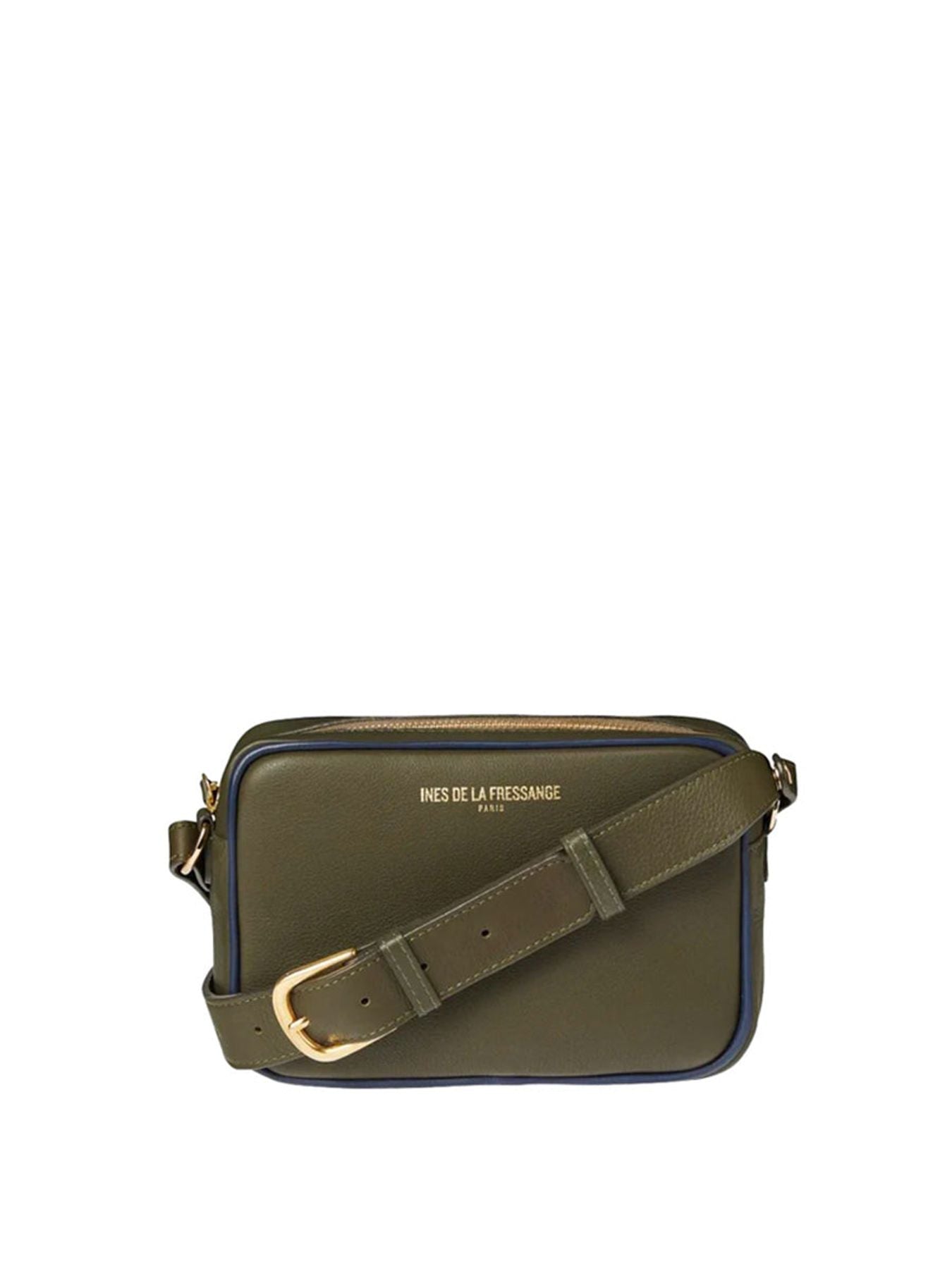 Marcia khaki leather wallet with navy trim