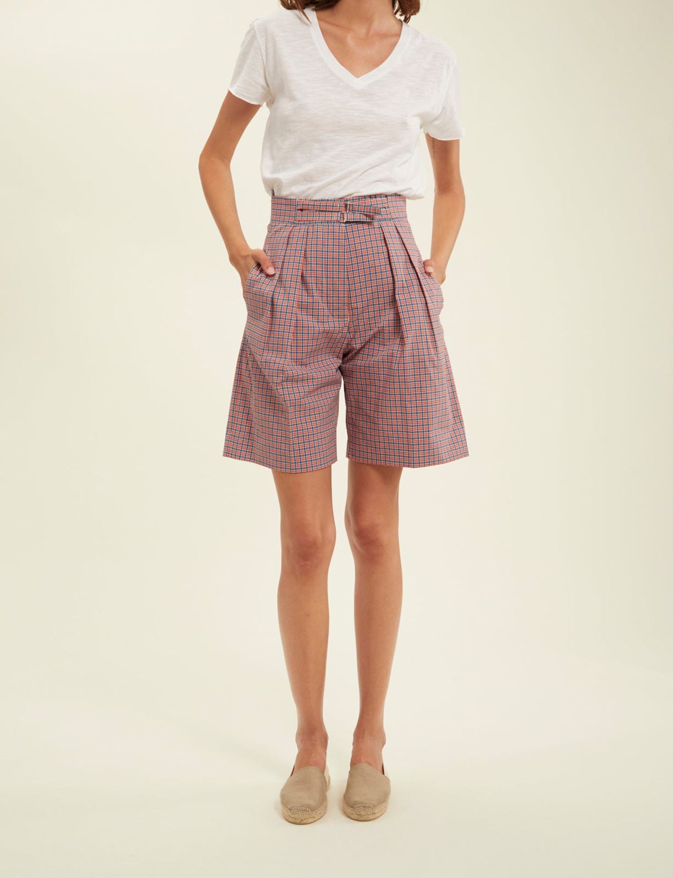 Pantalones cortos a cuadros rojo ciruela