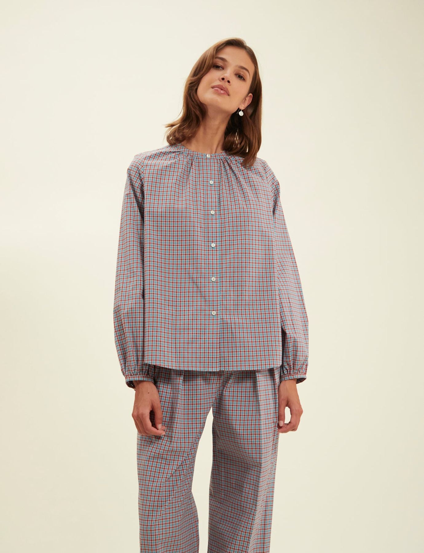 Joséphine turquoise check blouse
