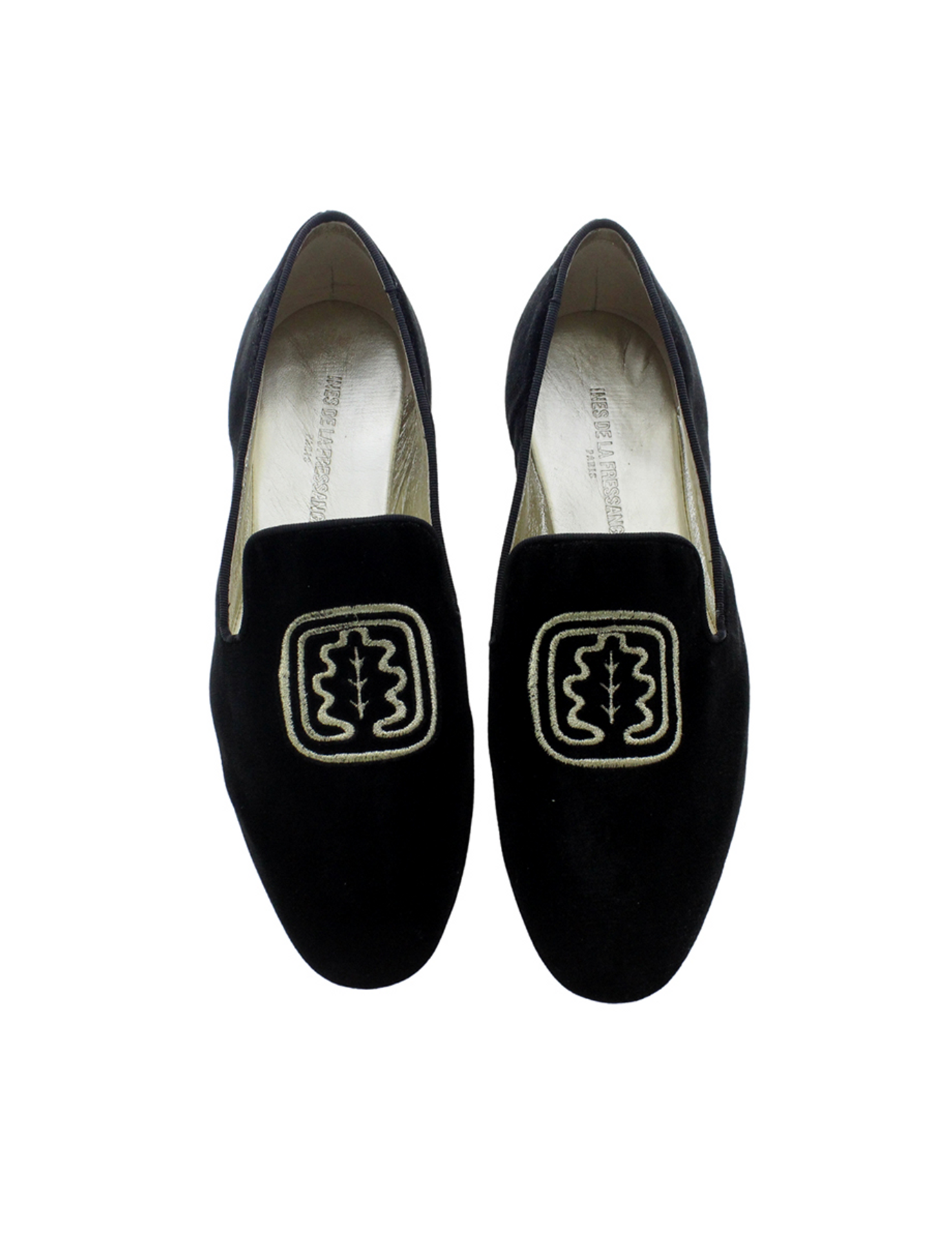 Black embroidered velvet slippers