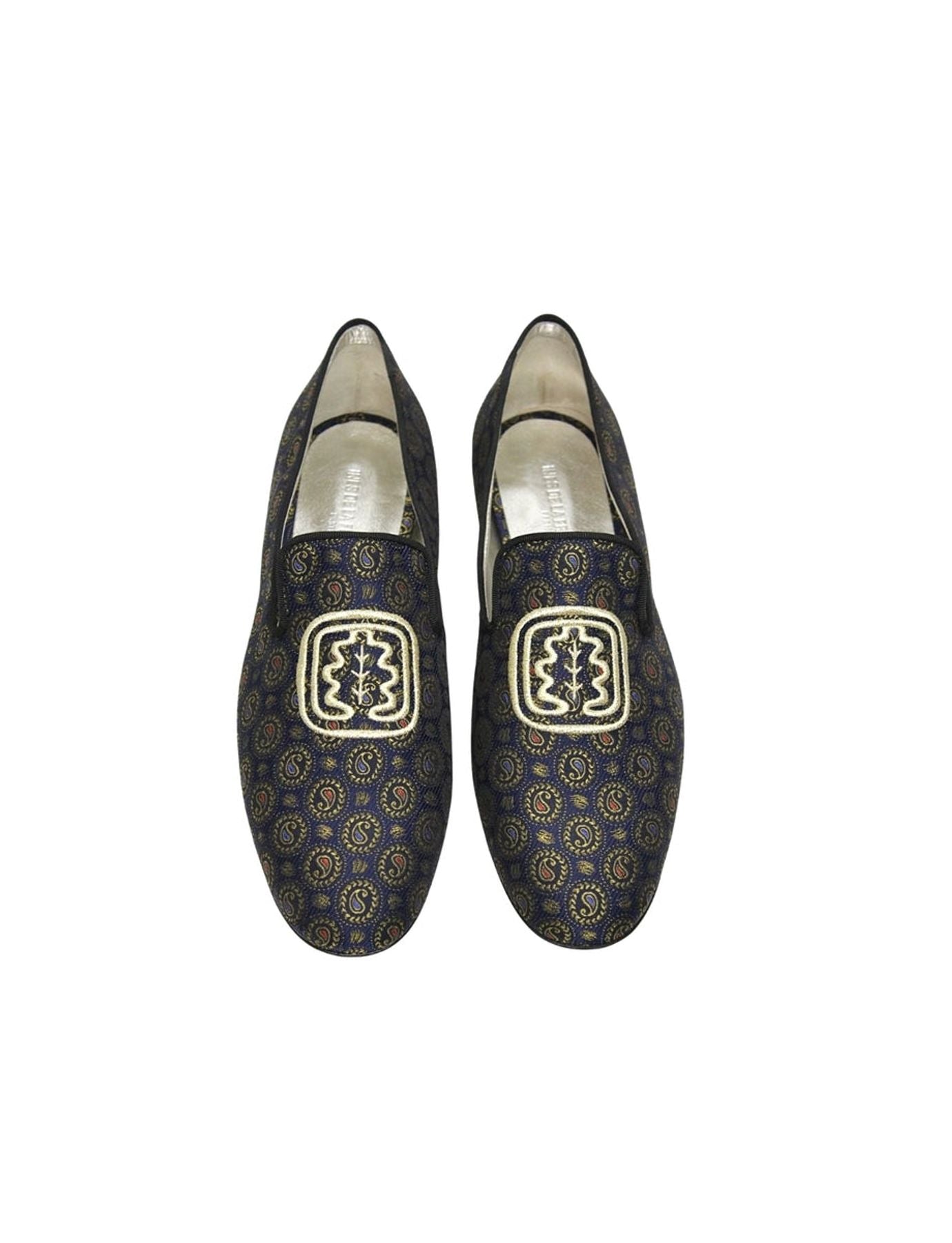 Blue and gold embroidered slippers