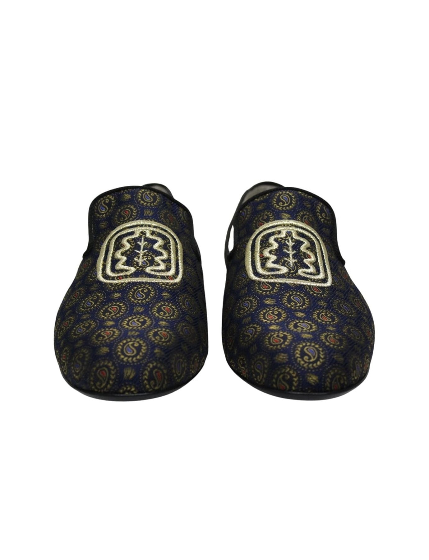 Blue and gold embroidered slippers