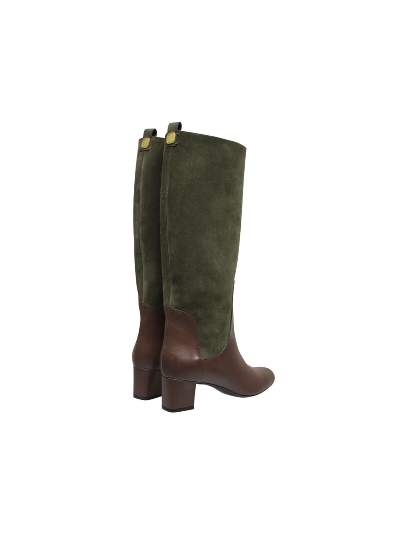 High heeled boots, green and chocolate leather
