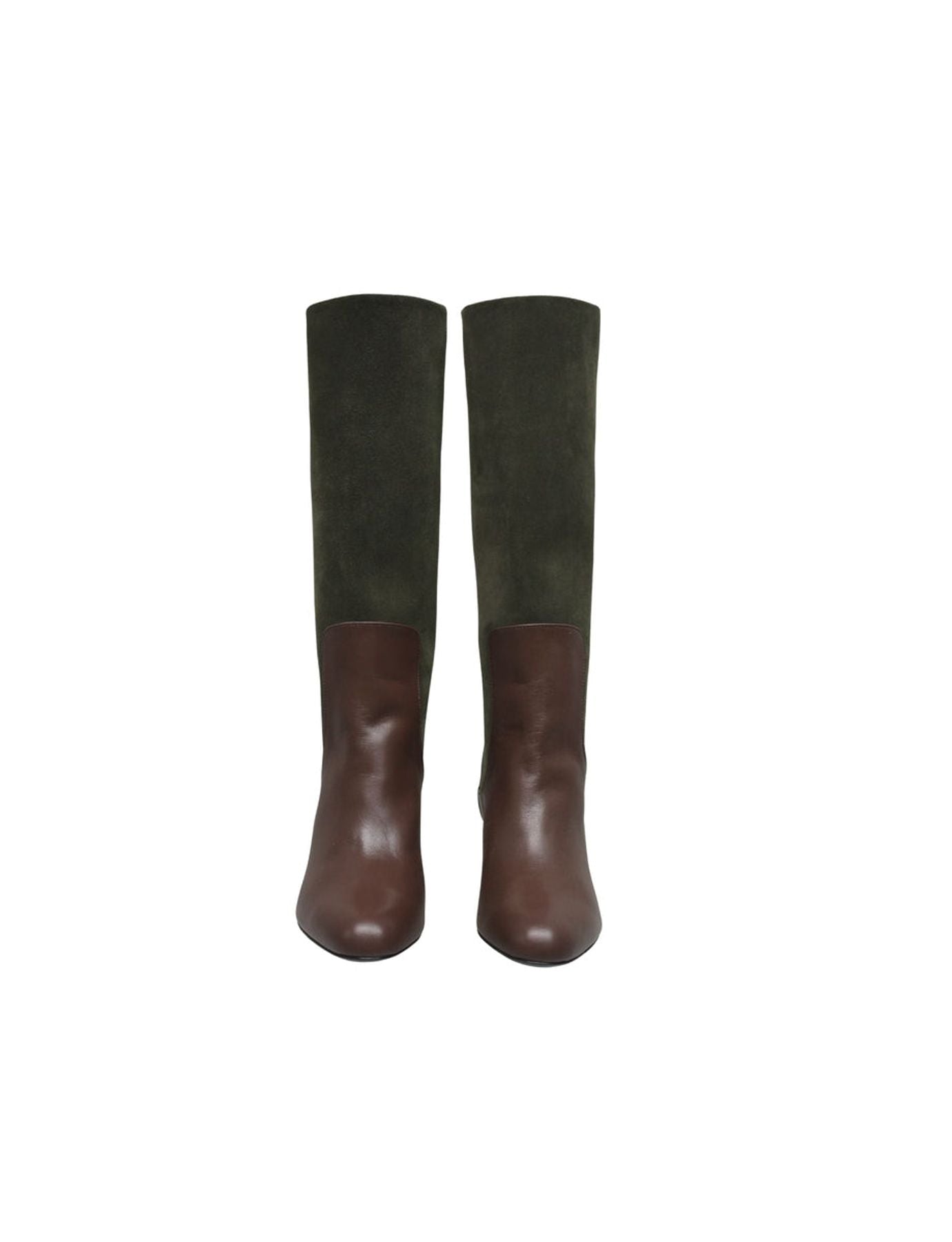 High heeled boots, green and chocolate leather