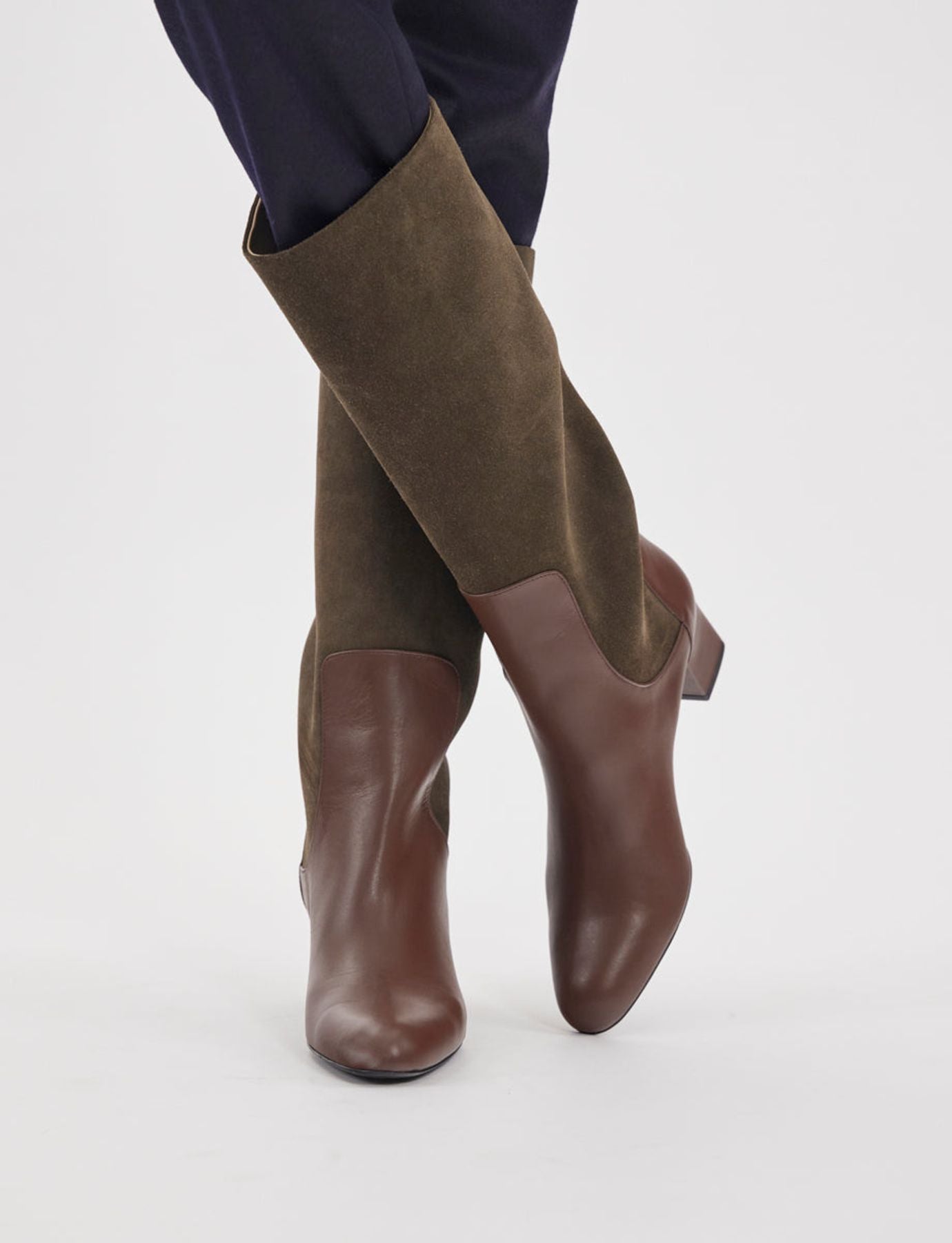 High heeled boots, green and chocolate leather