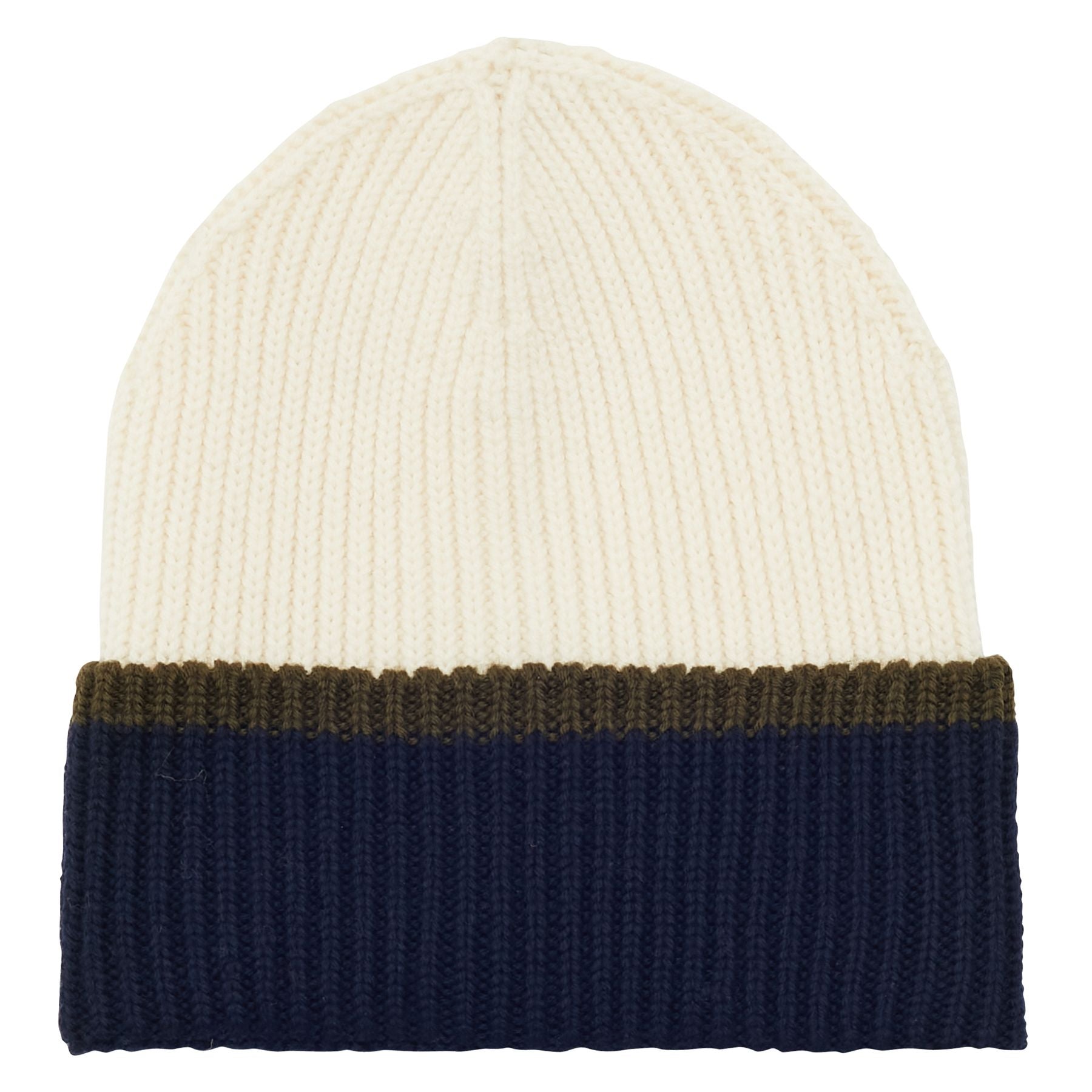 Pedro hat in ecru navy reverse knit, khaki mesh
