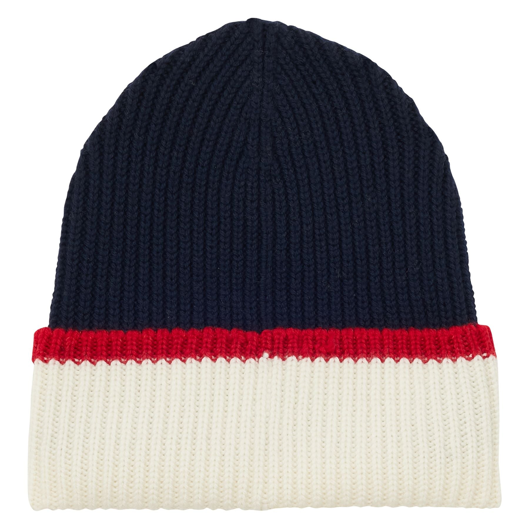 Pedro hat in ecru reverse navy knit, red mesh