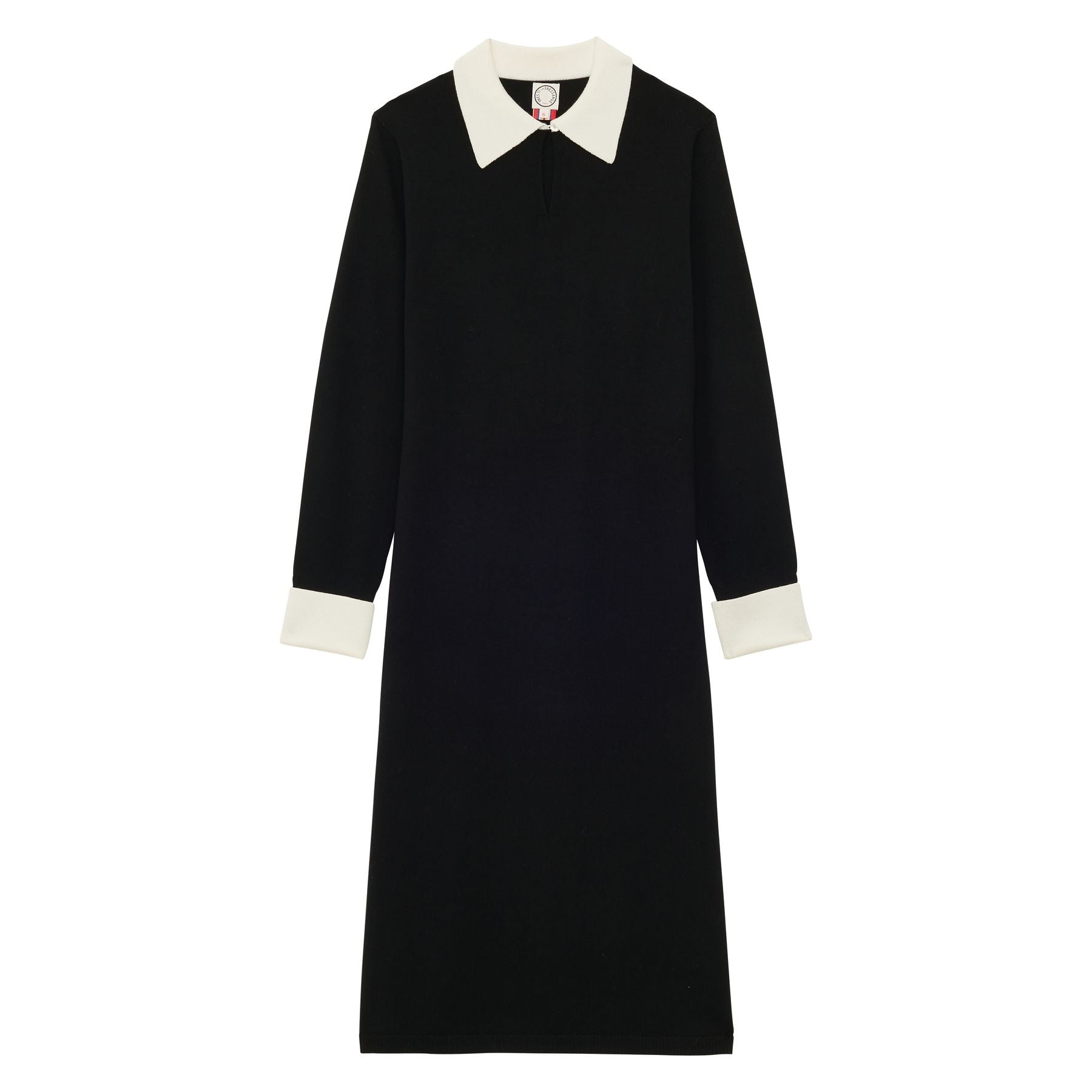 Gabby dress in black merino wool, white cuffs