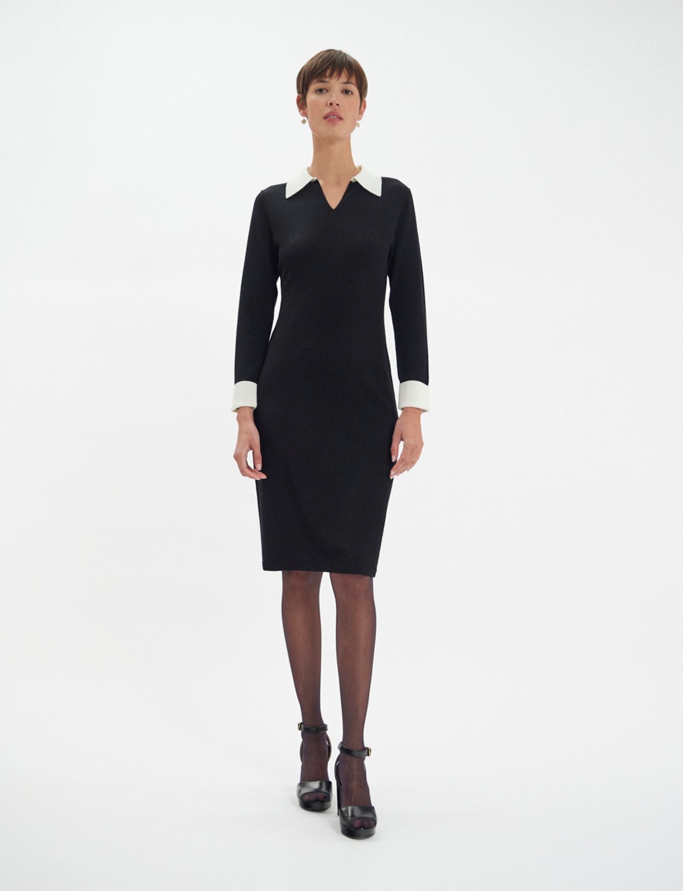 Gabby dress in black merino wool, white cuffs