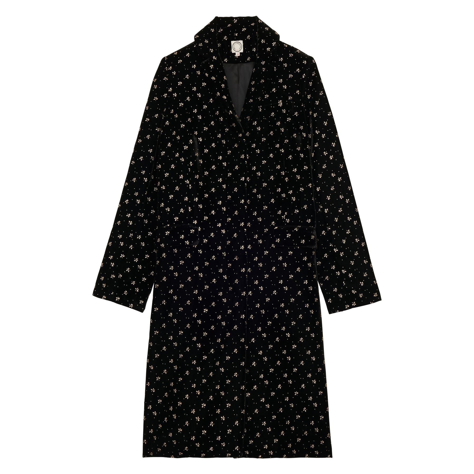 Franck coat in smooth black velvet with gold print