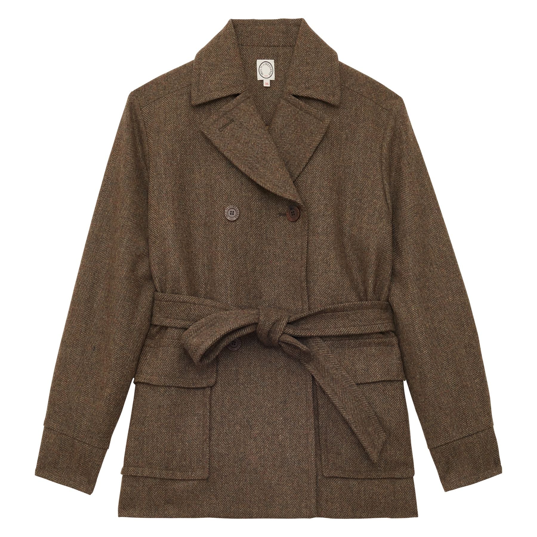Romaric short coat in brown wool with herringbone pattern