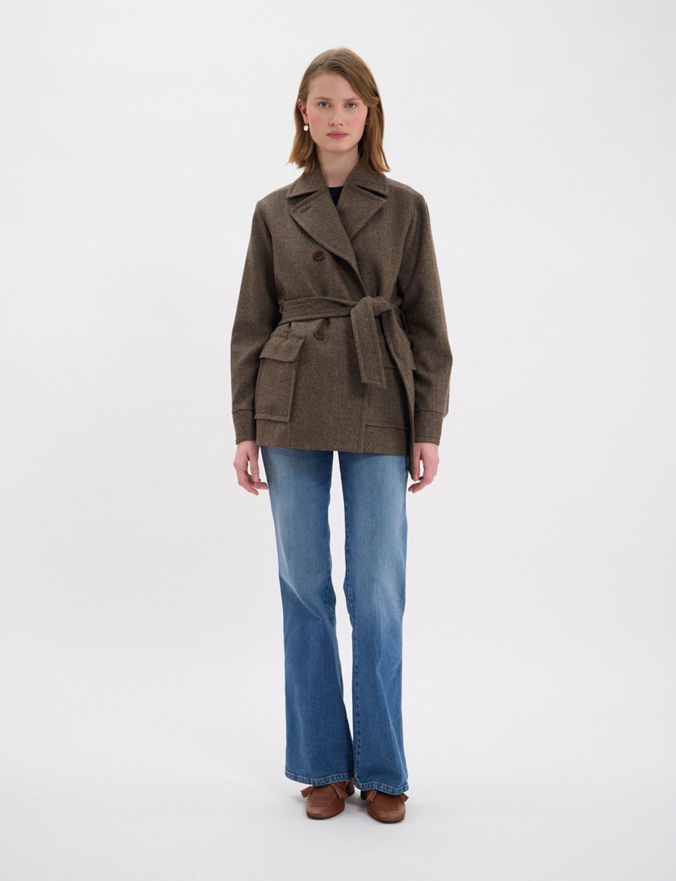 Romaric short coat in brown wool with herringbone pattern