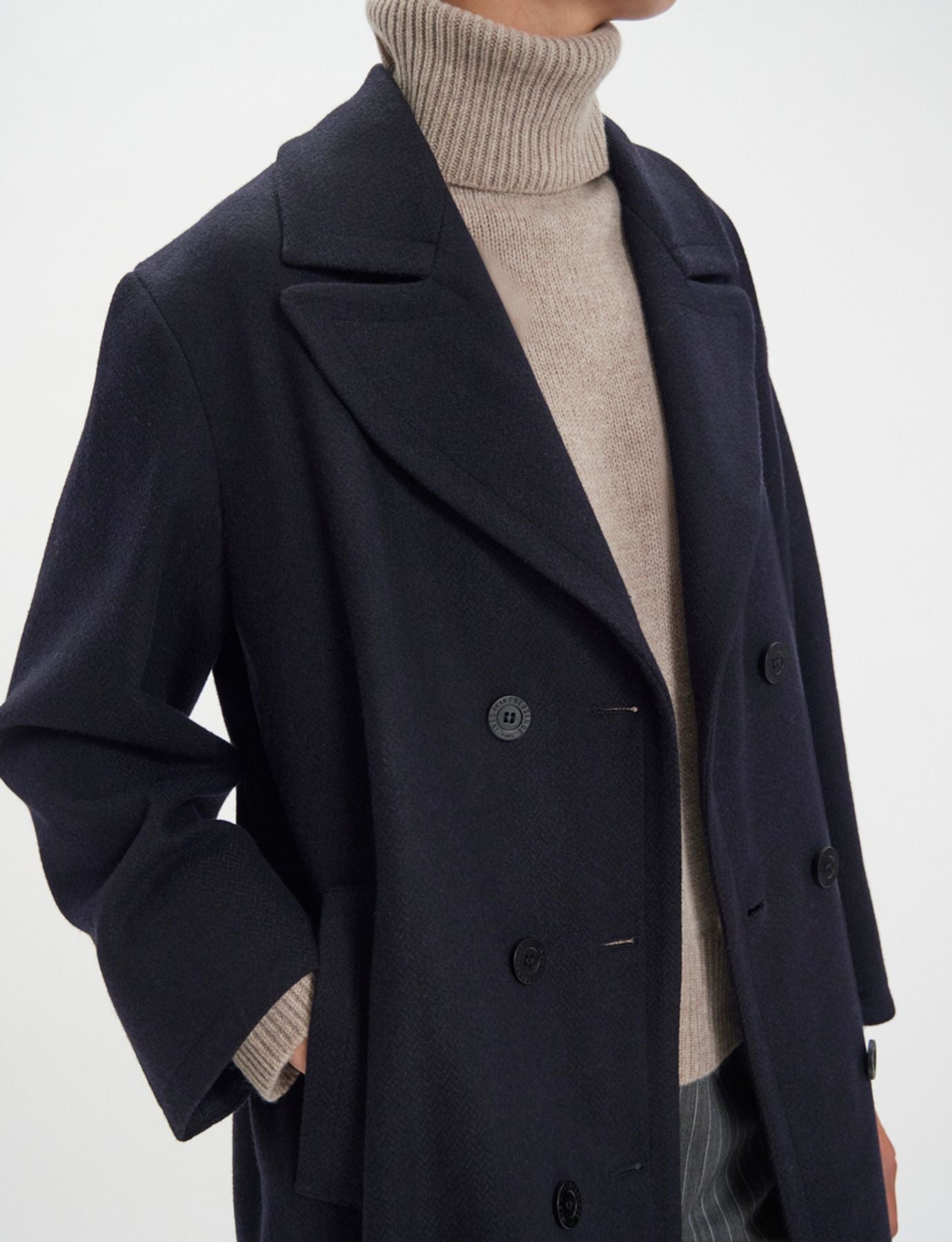 Denise navy and black herringbone wool coat