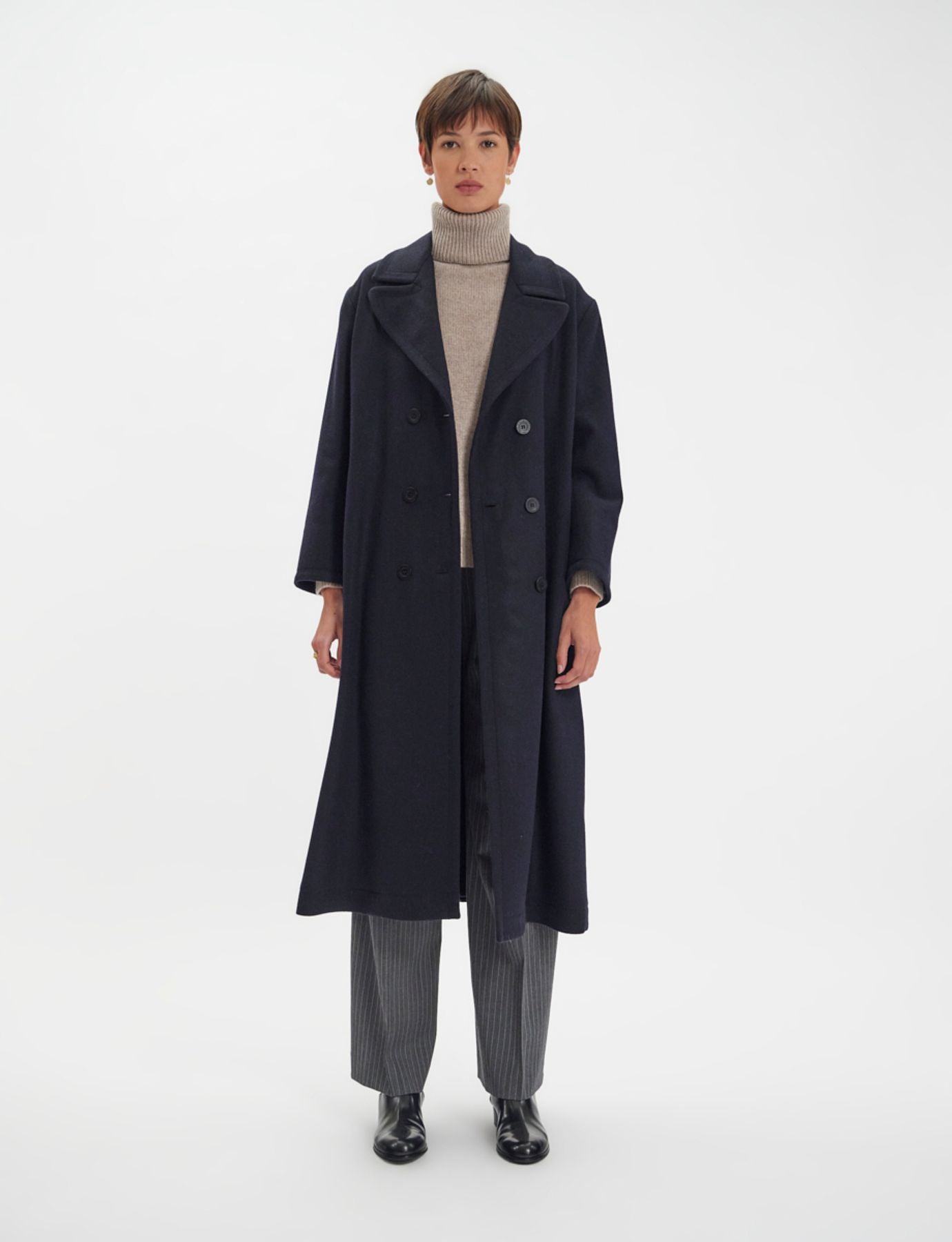 Denise navy and black herringbone wool coat