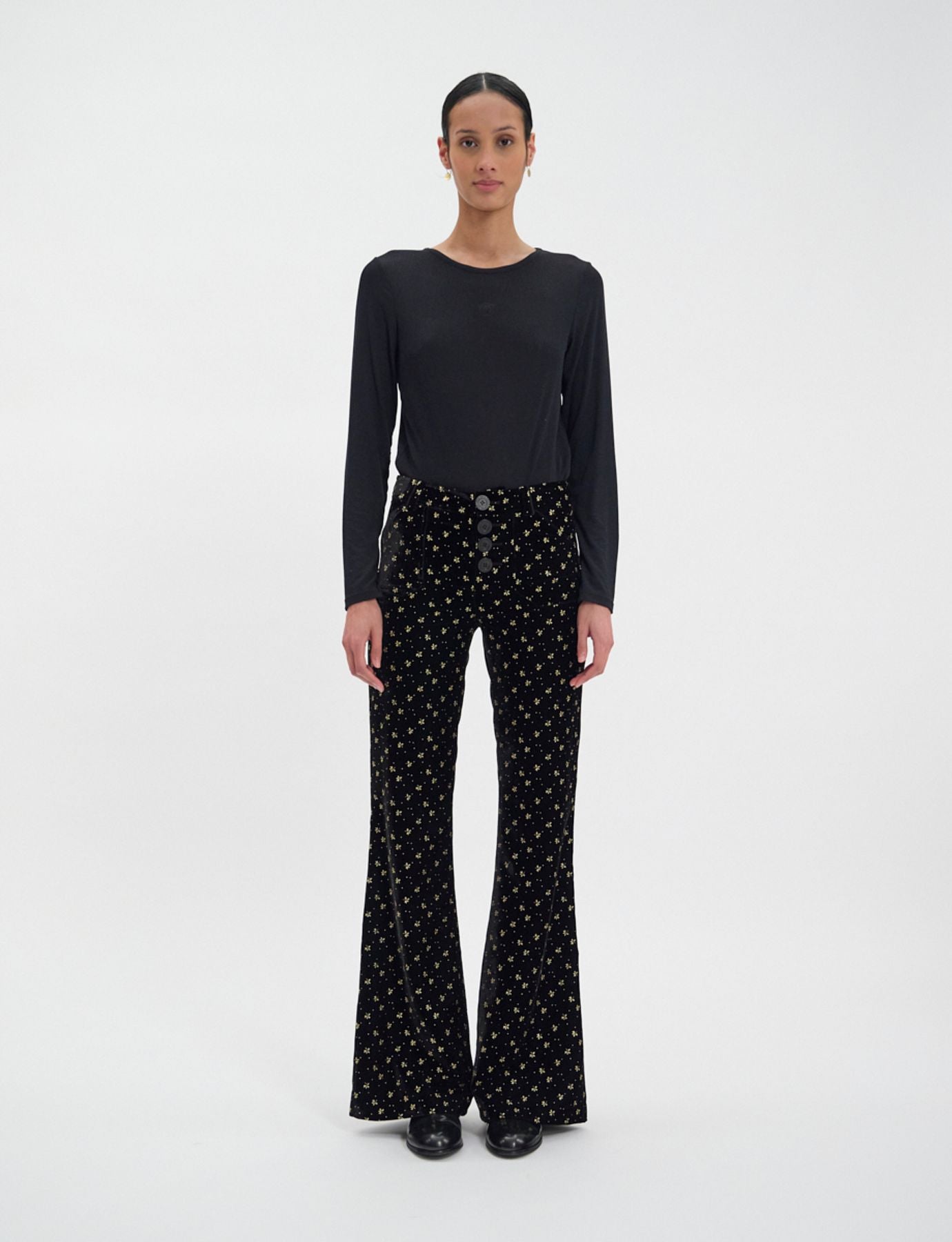 Charlotte trousers in smooth black velvet with gold print