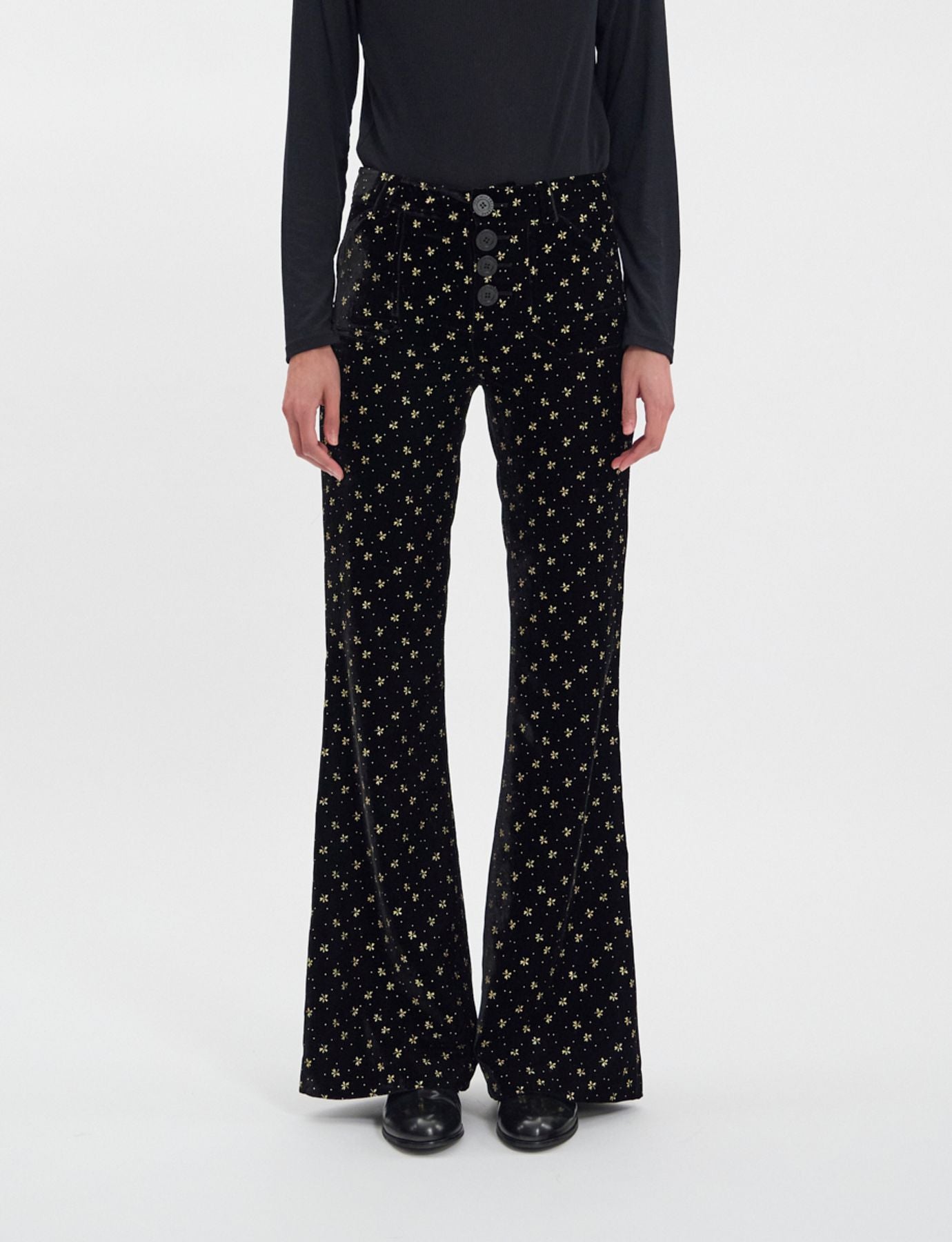 trousers-charlotte-in-velluto-nero-liscio-con-stampa-dorata