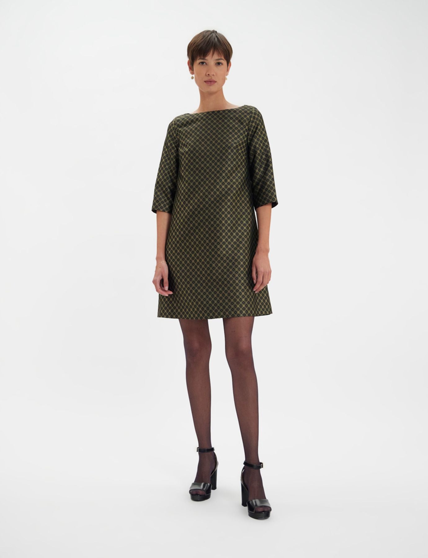 Megan black and gold jacquard weave dress