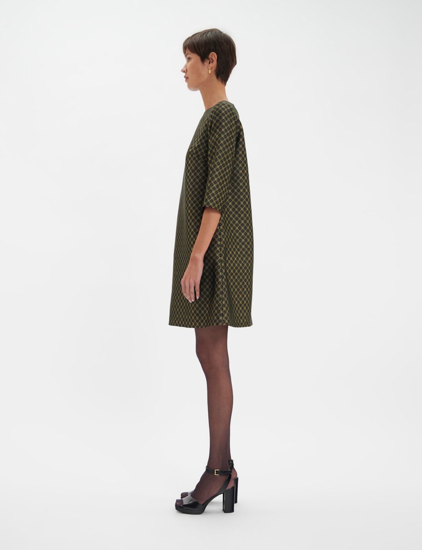 Megan black and gold jacquard weave dress