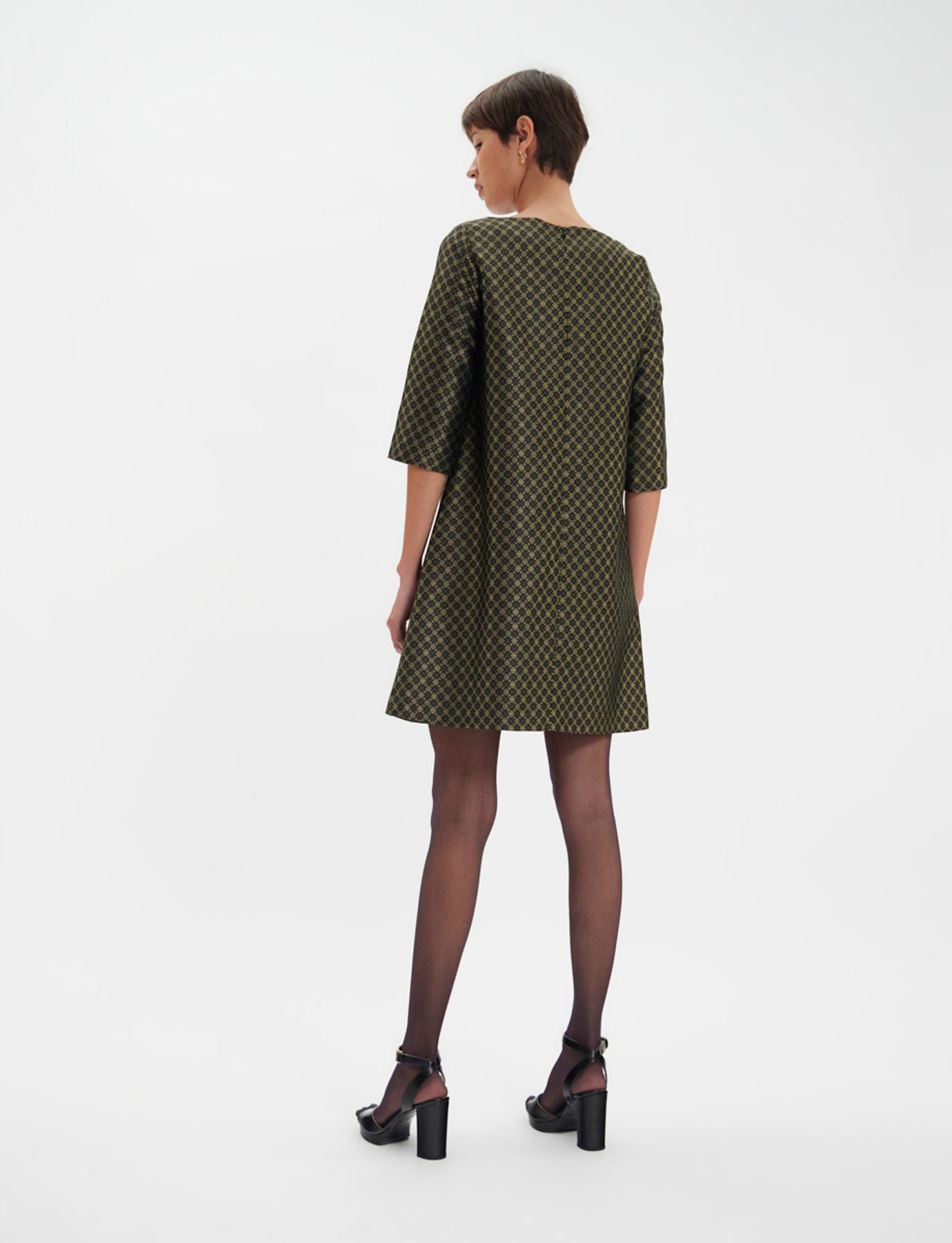 Megan black and gold jacquard weave dress