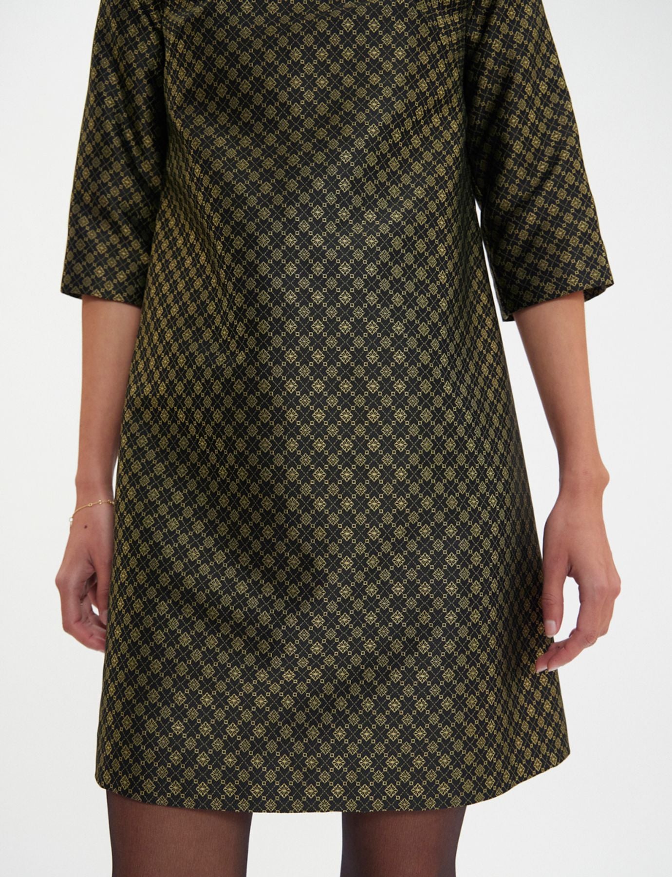 Megan black and gold jacquard weave dress