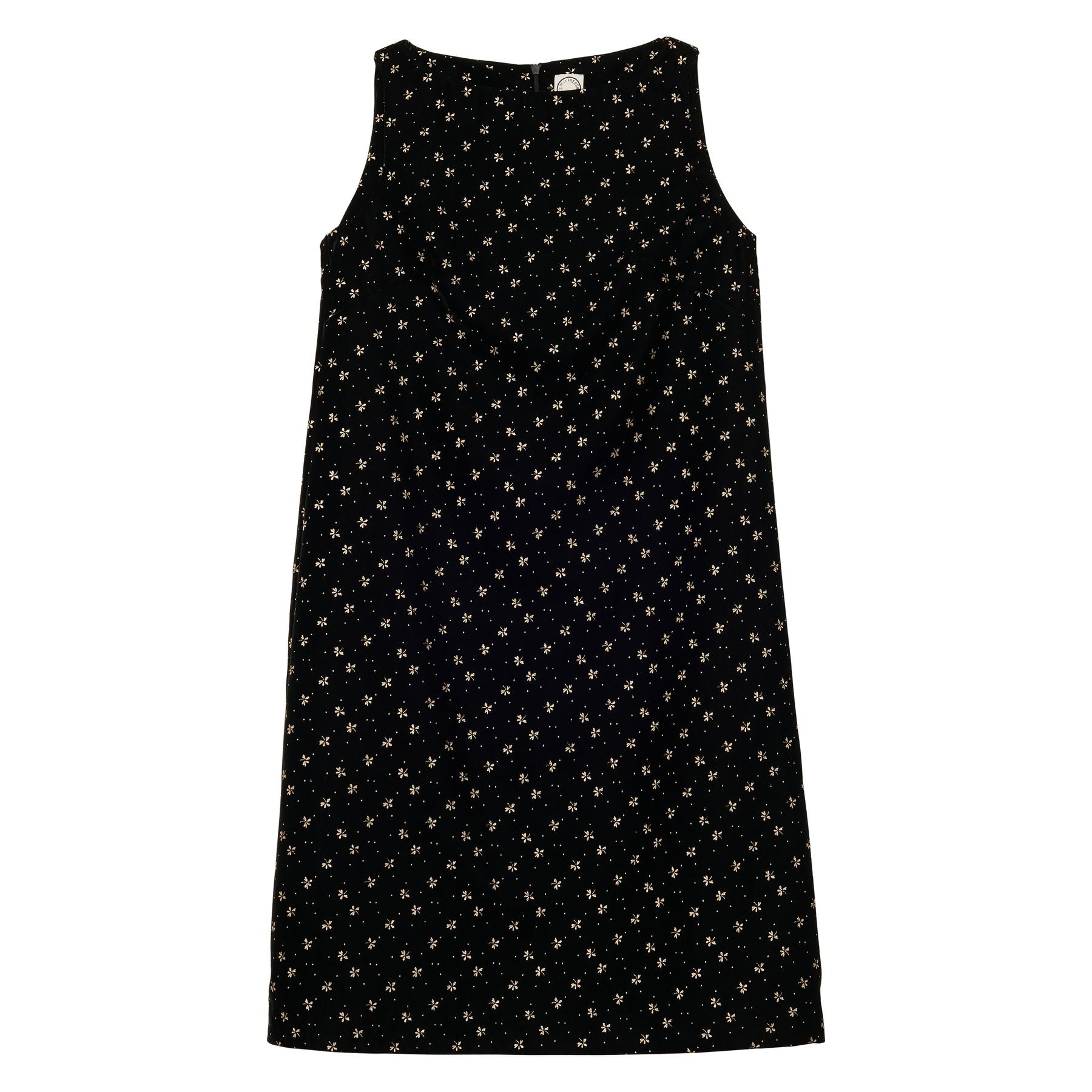 Madeleine-Kleid aus schwarzem, glattem Samt mit Golddruck