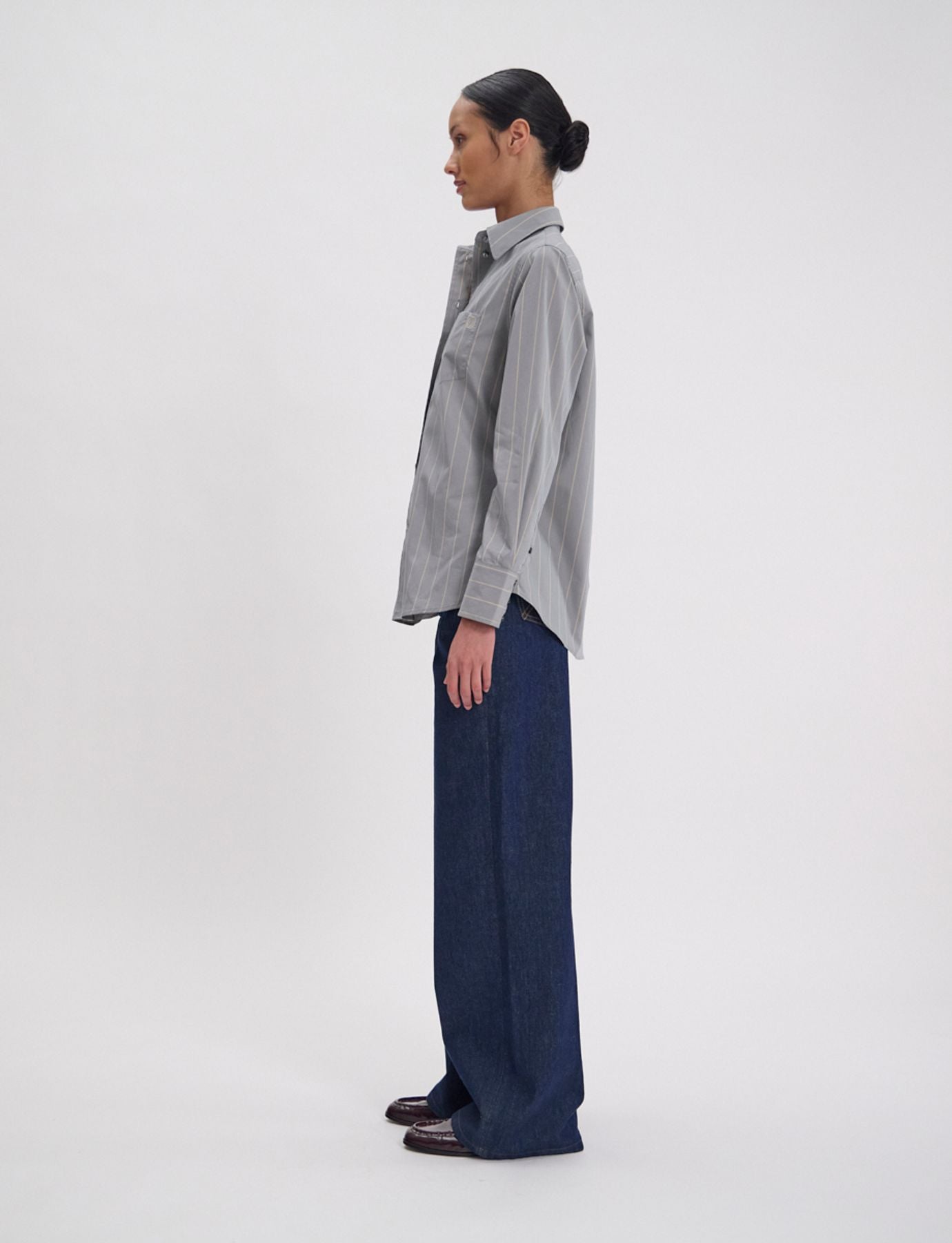 Maureen shirt in almond green cotton with beige stripes