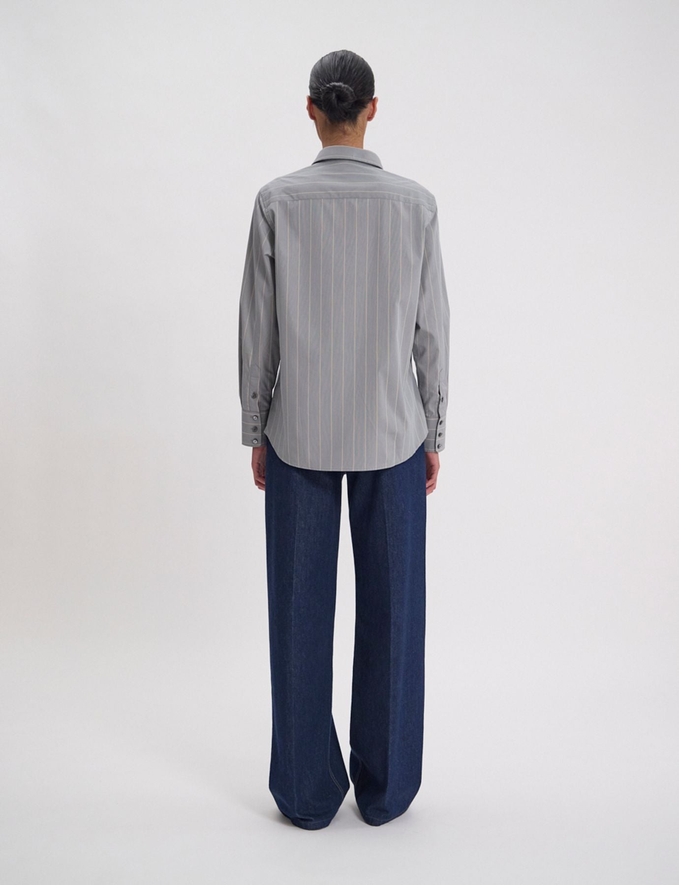 Maureen shirt in almond green cotton with beige stripes