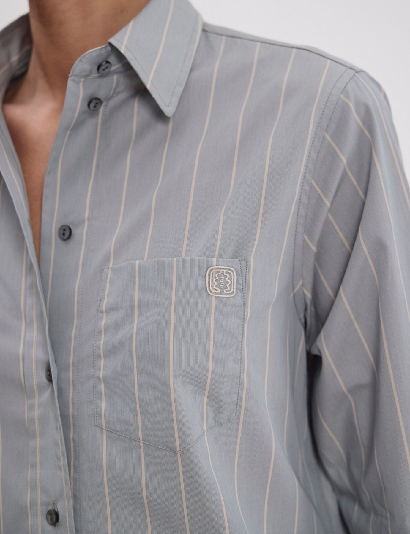 Maureen shirt in almond green cotton with beige stripes