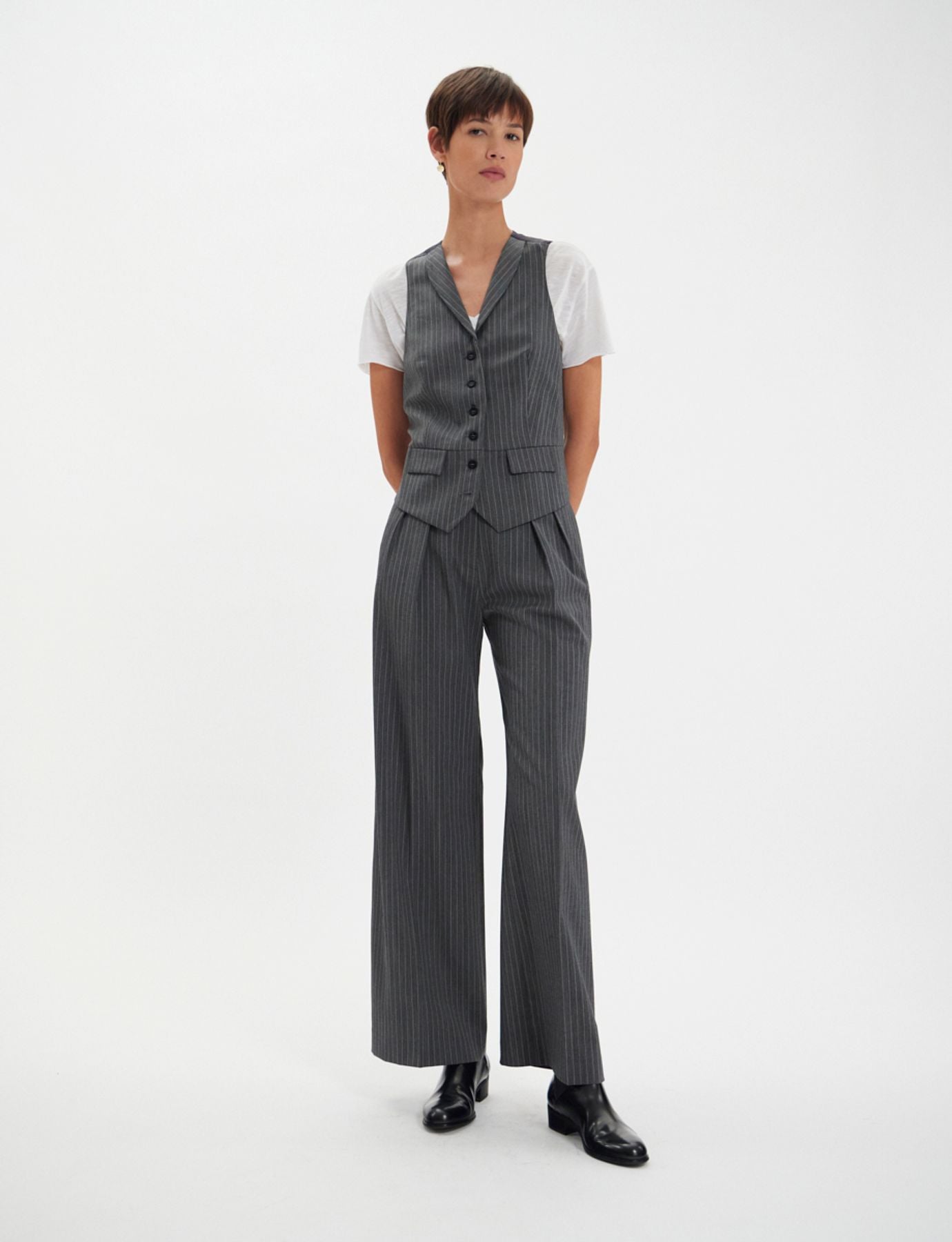 Grey Robinson waistcoat with white stripes