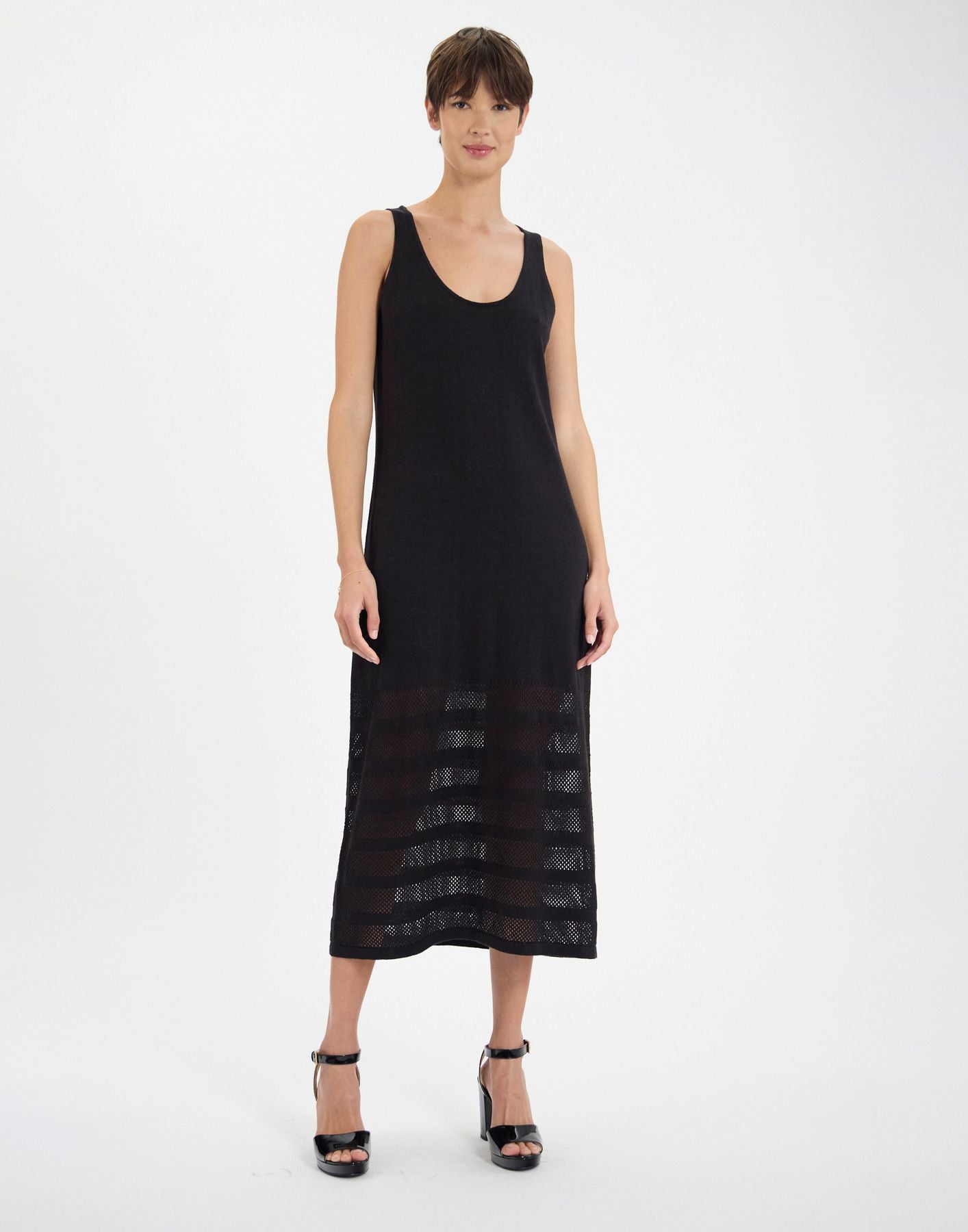 Casilda dress in black linen with stripes