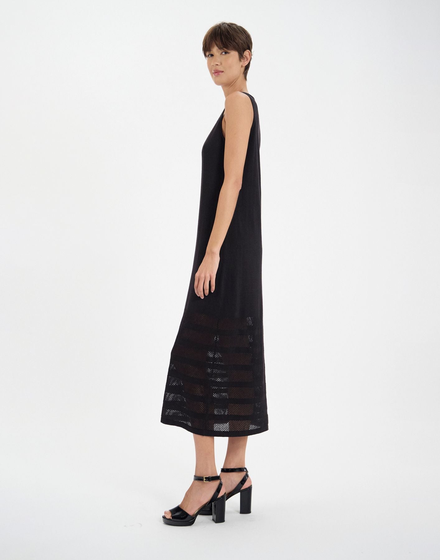 Casilda dress in black linen with stripes