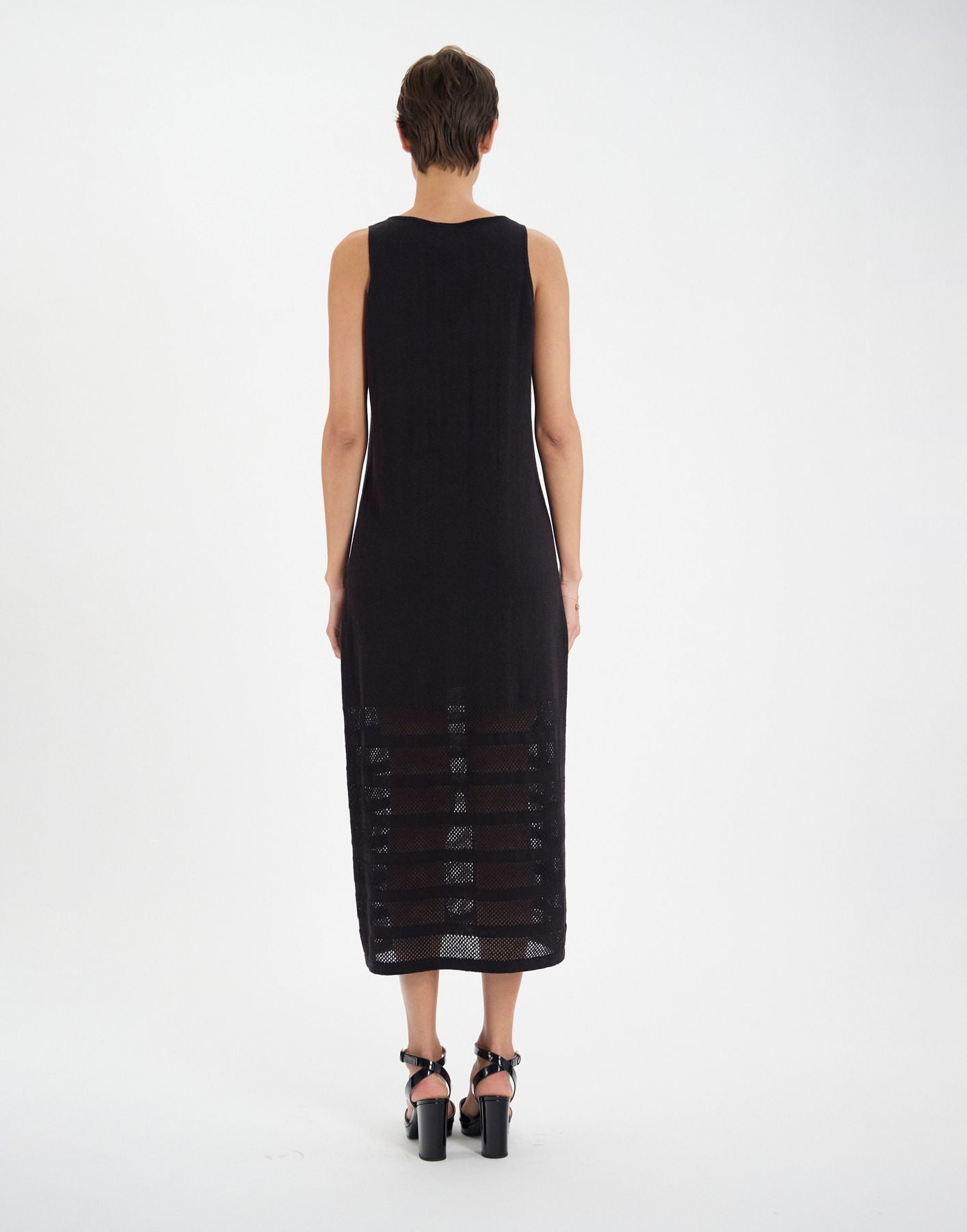 Casilda dress in black linen with stripes