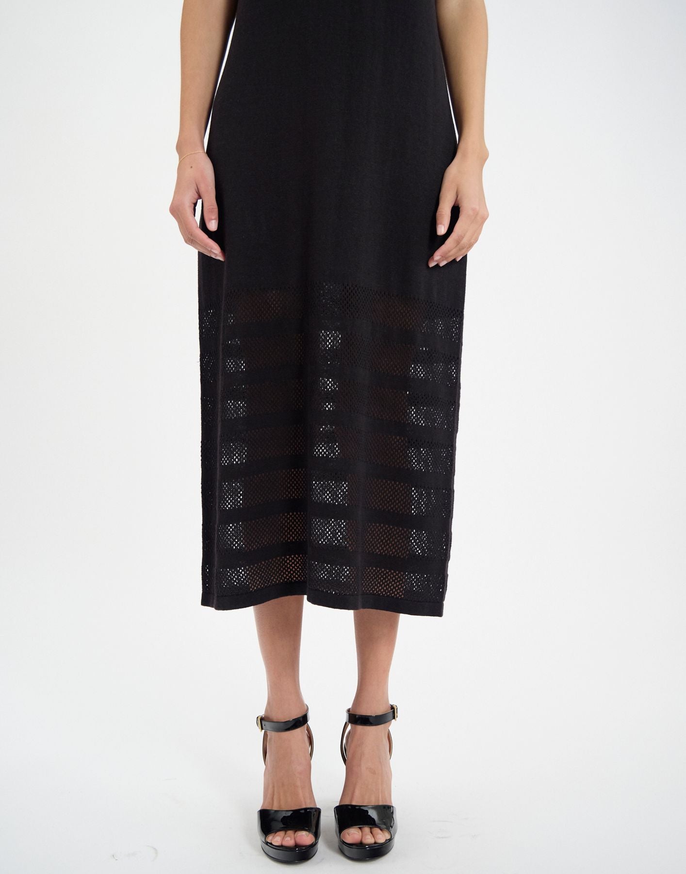 Casilda dress in black linen with stripes