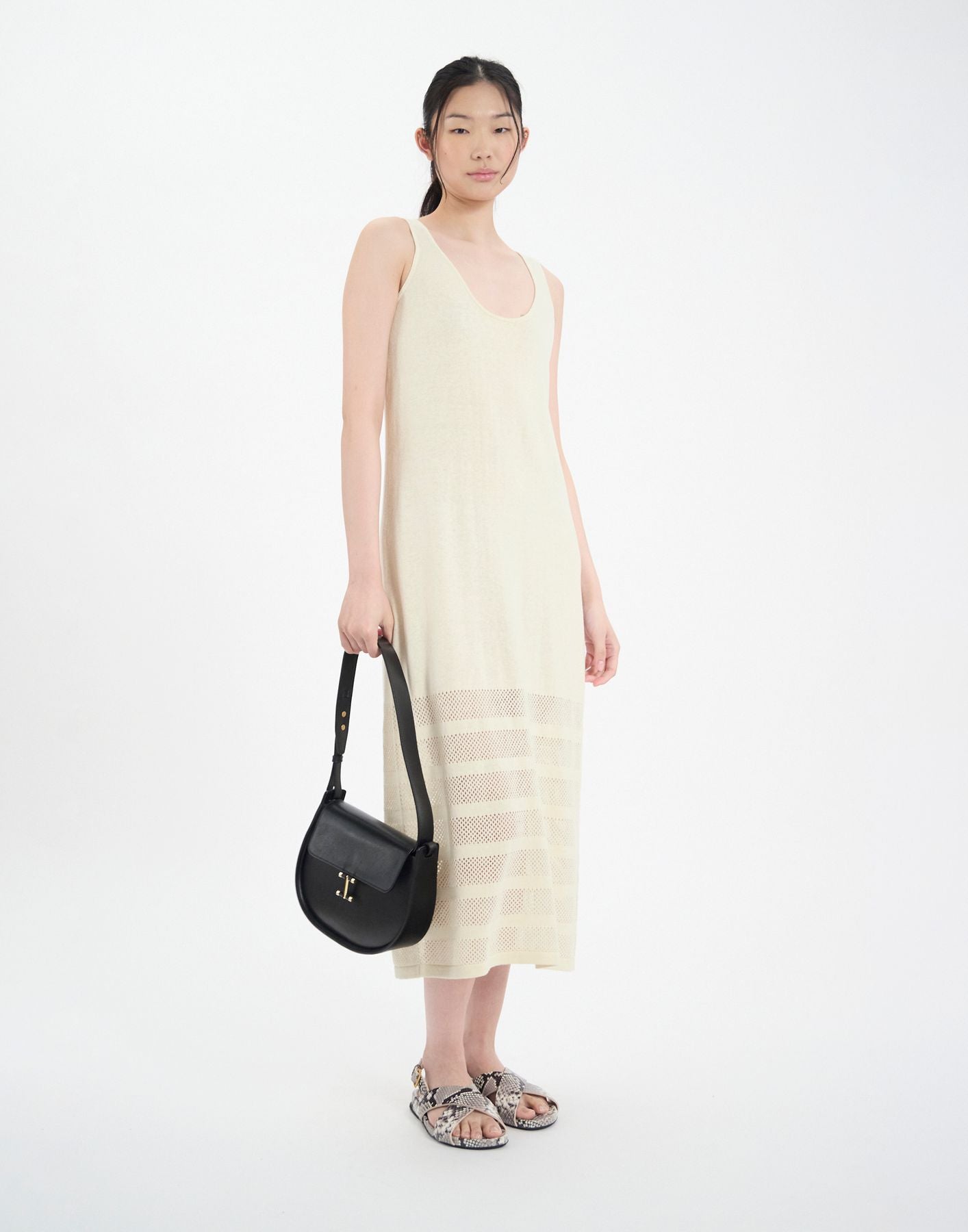 Casilda dress in ecru linen with stripes