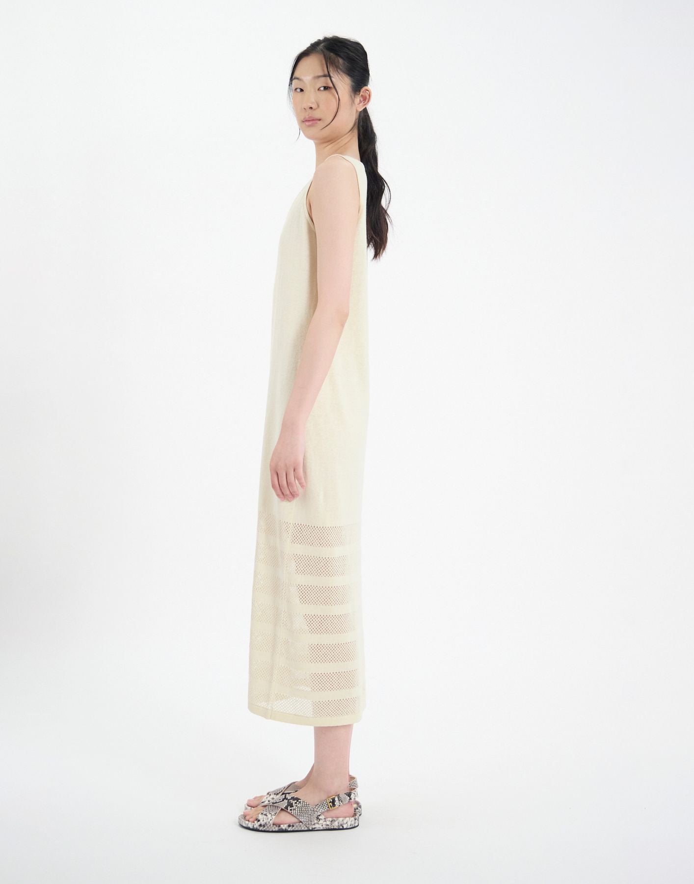 Casilda dress in ecru linen with stripes